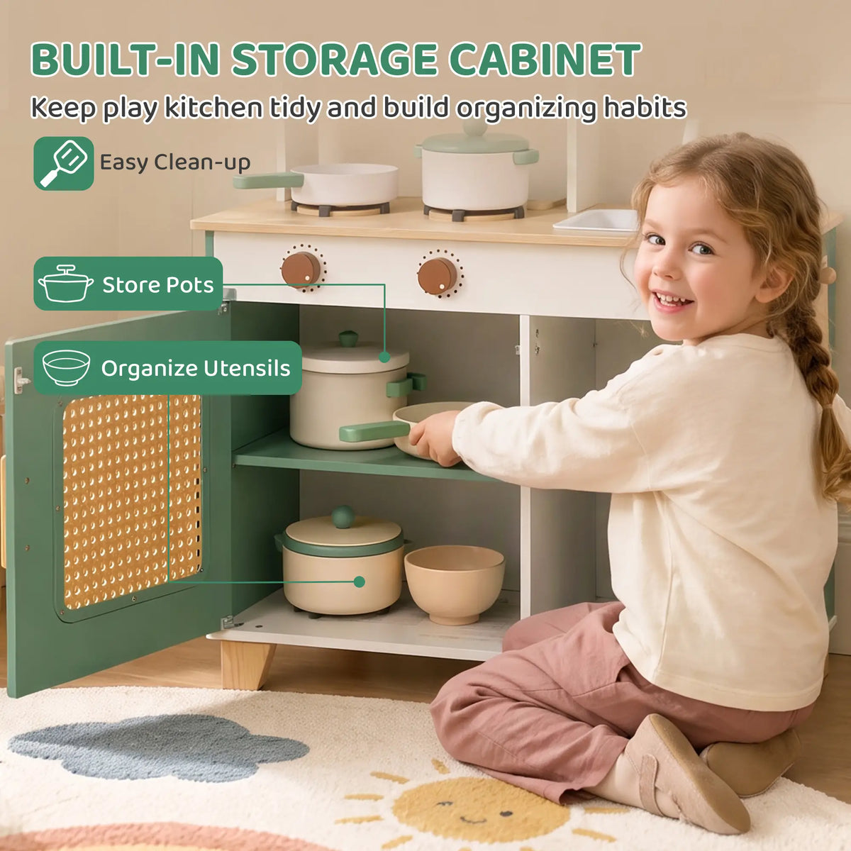 Wooden Play Kitchen Set, 19PCs, Ages 3-6, Green