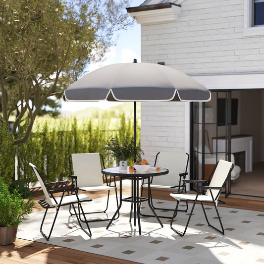 6 Piece Patio Dining Set, Glass Table, Folding Chairs, Cream White