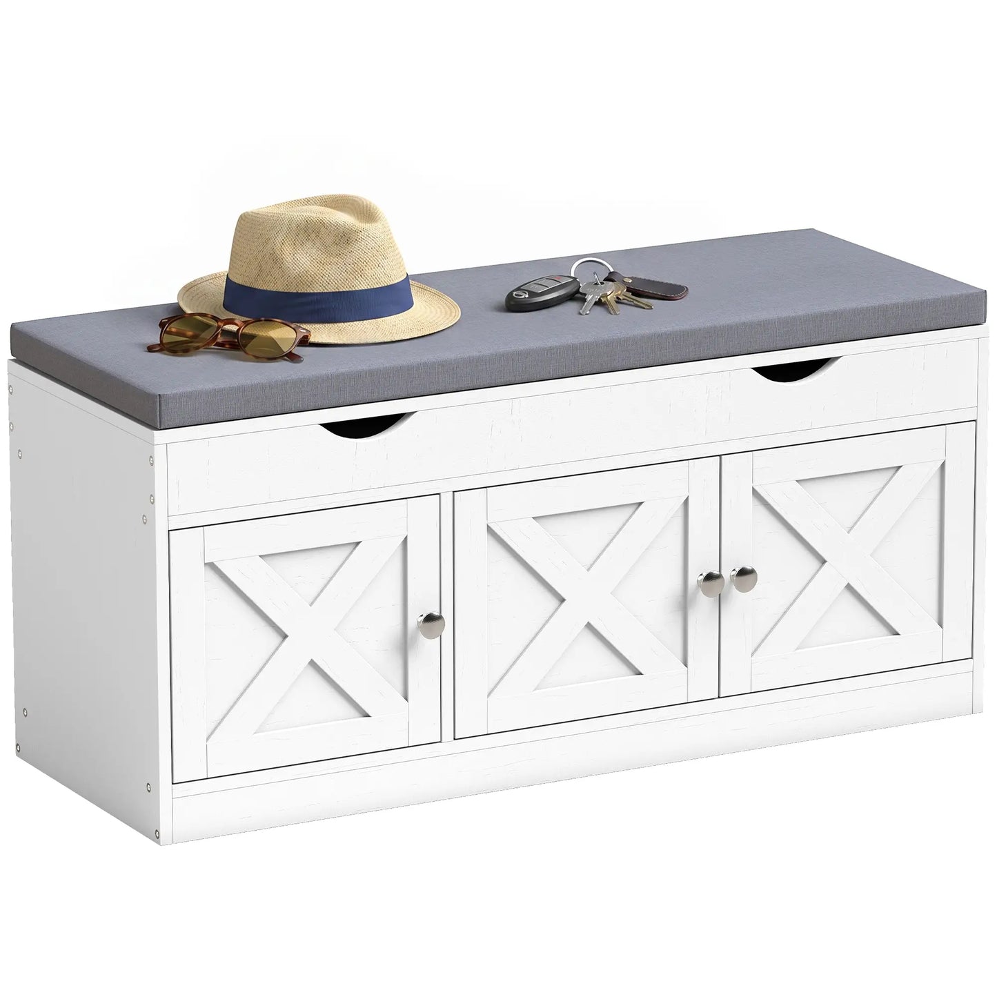 3-Door Shoe Bench with Cushion, Adjustable Shelves, White