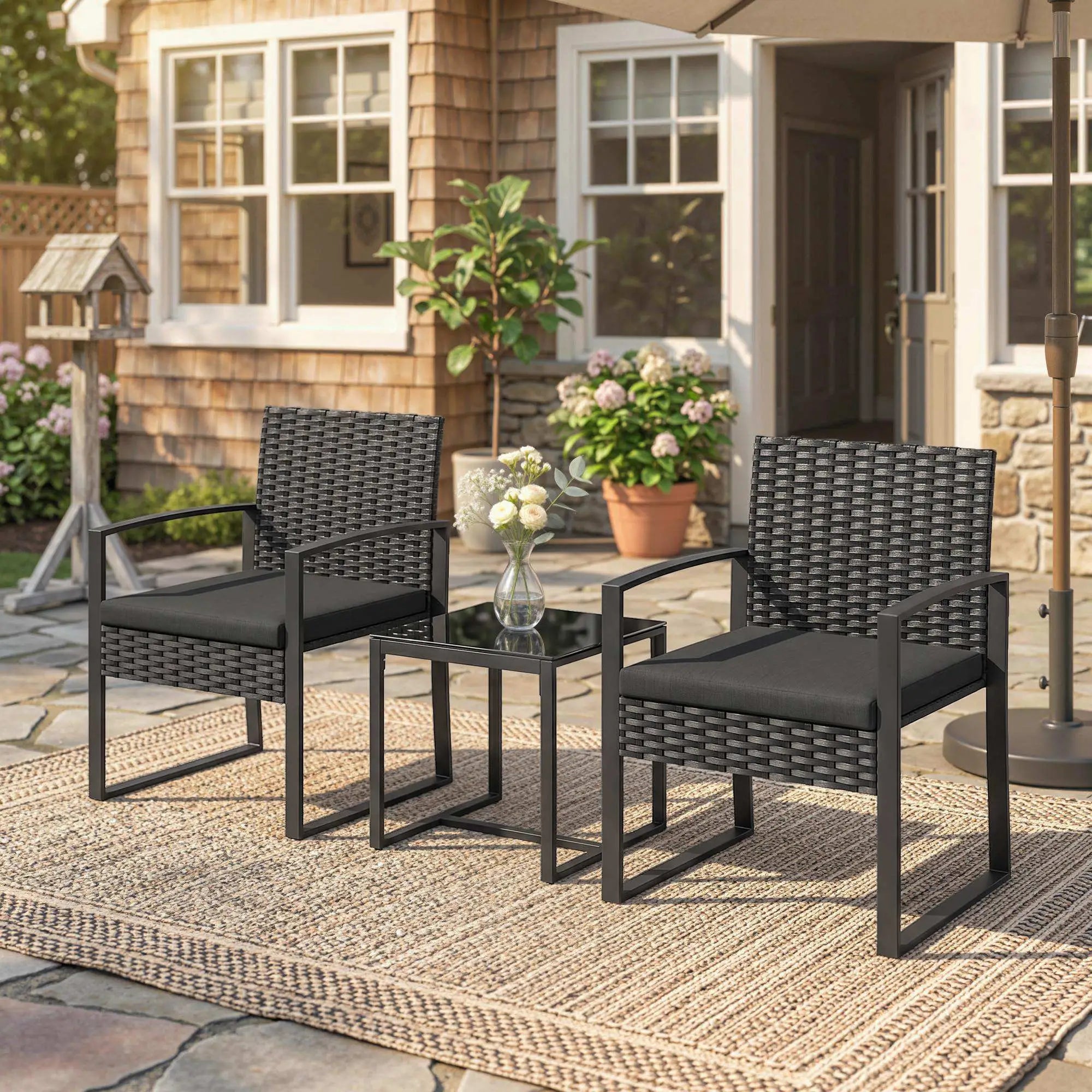 3 Piece Wicker Patio Set, Glass Top Table With Cushions, Black Bistro Sets at Gallery Canada
