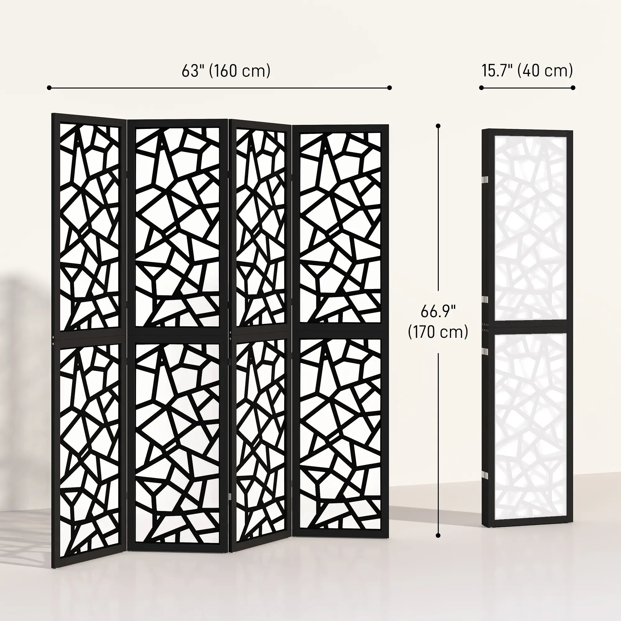 4 Panel Room Divider, 5.6 FT, Geometric Pattern Privacy Screen, Black Room Dividers at Gallery Canada
