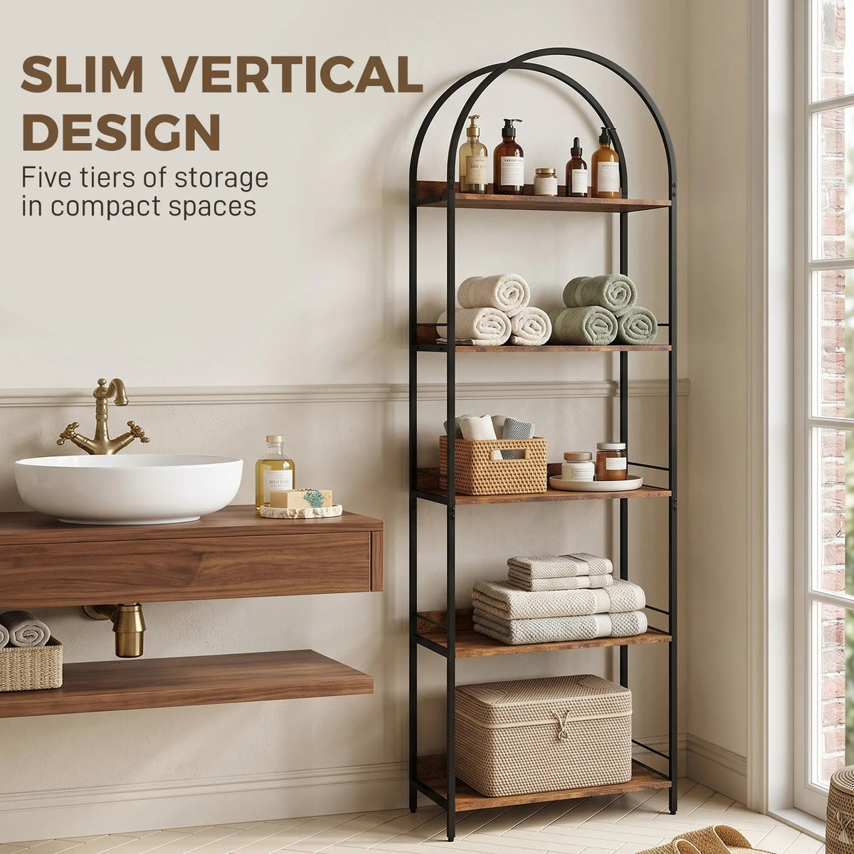 73.2" Tall Arched Bookshelf, 5-Tier, Industrial, Rustic Brown Display Bookshelves at Gallery Canada