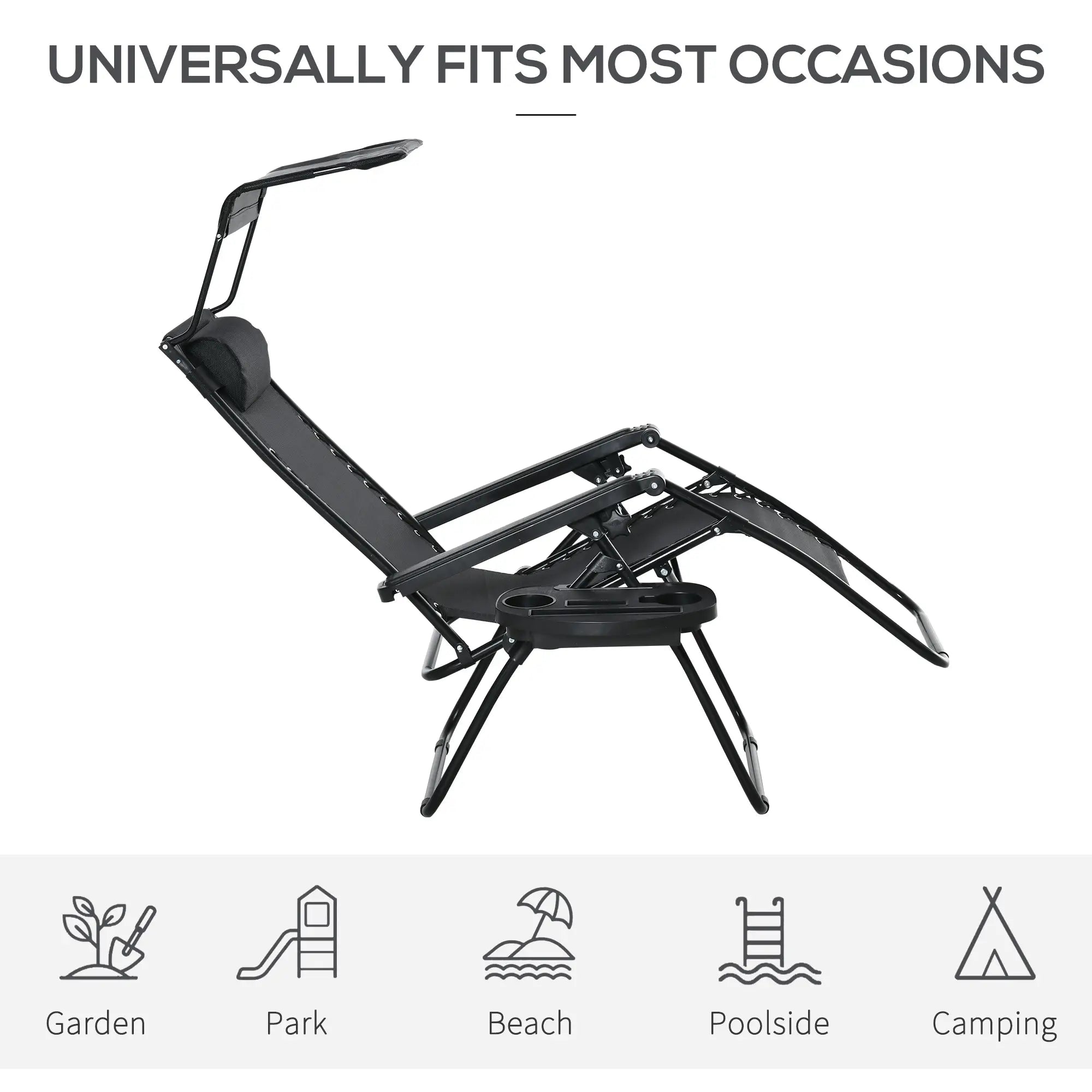 2 Piece Foldable Lounge Chair with Canopy Shade, Outdoor Zero Gravity Chair w/ Side Tray &; Cup Holder, Reclining Lounger w/ Breathable Mesh Fabric Seat, Pillow, Black Lounger Chairs at Gallery Canada