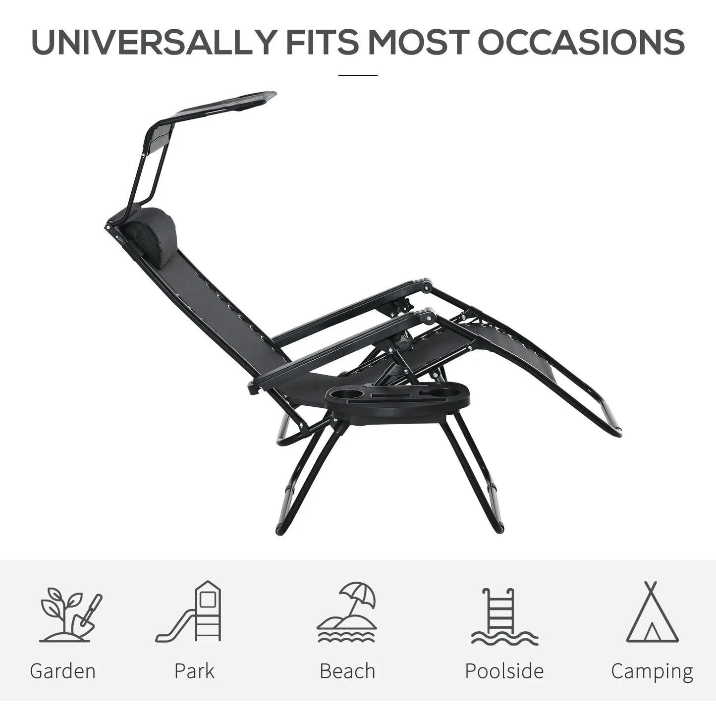 2 Piece Foldable Lounge Chair with Canopy Shade, Outdoor Zero Gravity Chair w/ Side Tray &; Cup Holder, Reclining Lounger w/ Breathable Mesh Fabric Seat, Pillow, Black Lounger Chairs at Gallery Canada
