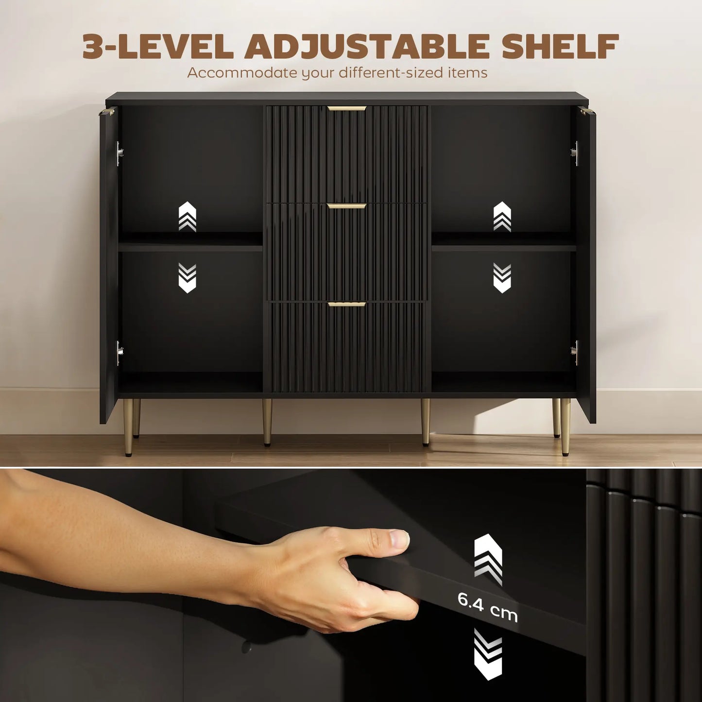 Modern Kitchen Storage Cabinet, 3 Drawers, Adjustable Shelves, Black Bar Cabinets at Gallery Canada