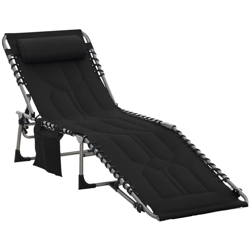 Folding Chaise Lounge Chair, Outdoor Padded Reclining, Adjustable Backrest, Black