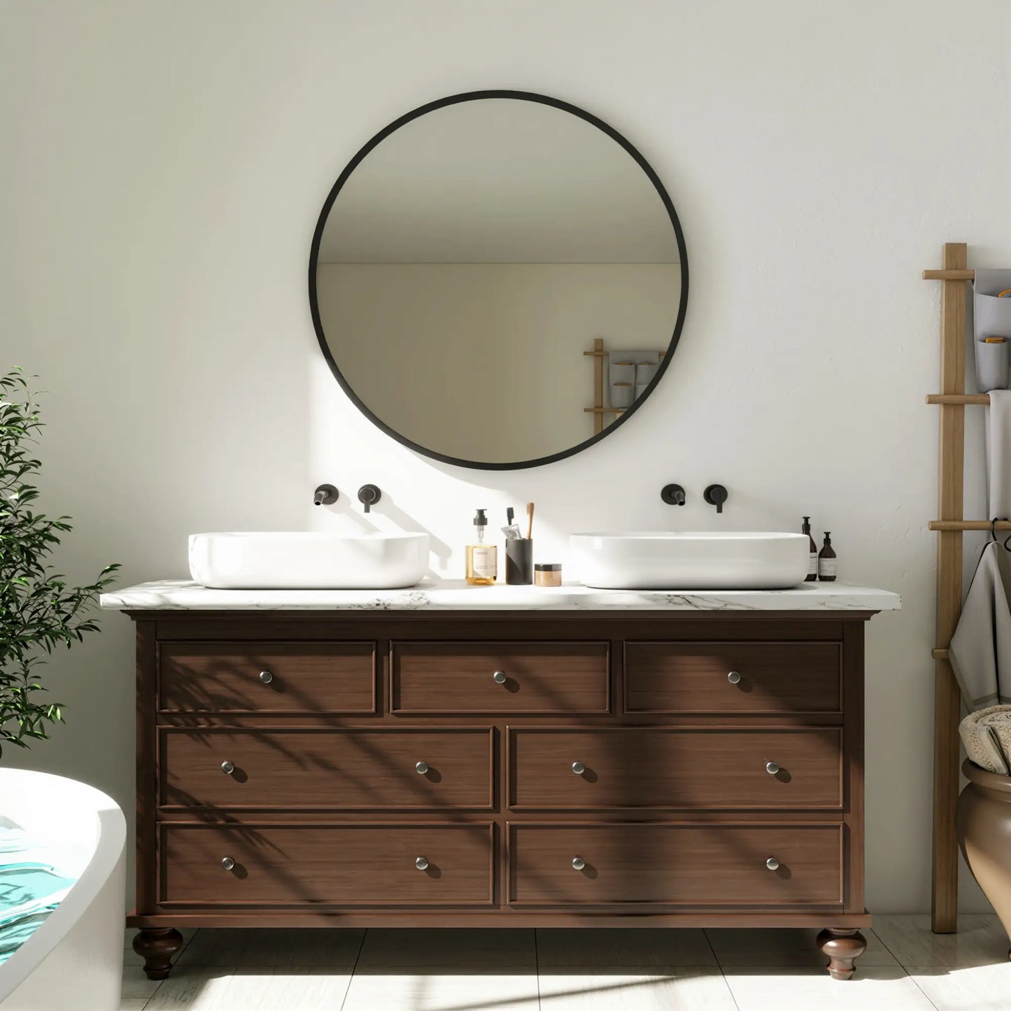 Miroir rond de 30", Cadre en métal, Miroir de salle de bain, Noir