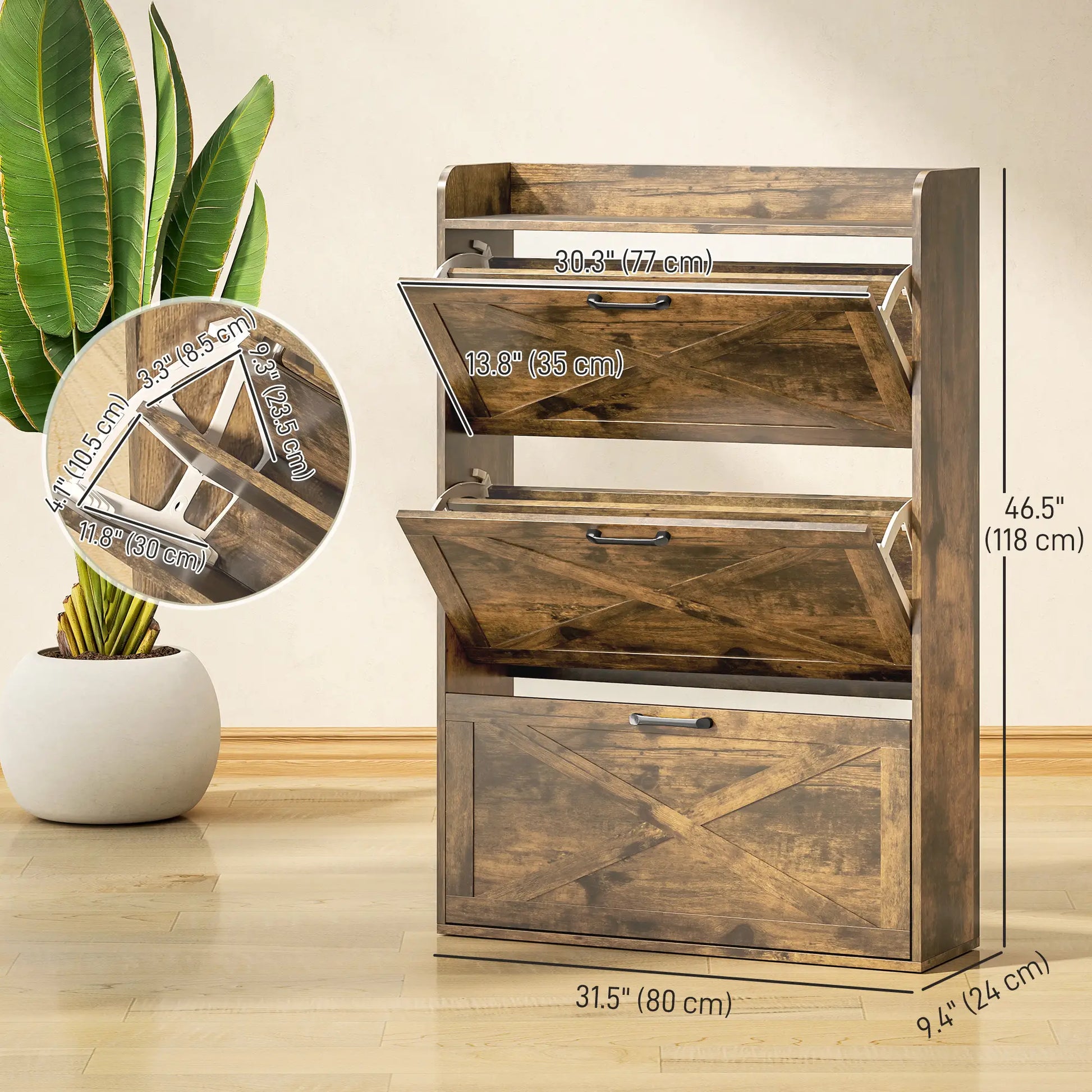 Narrow Shoe Storage Cabinet, 3 Flip Drawers, Adjustable Shelves, Rustic Brown Shoe Storage Cabinets & Racks at Gallery Canada