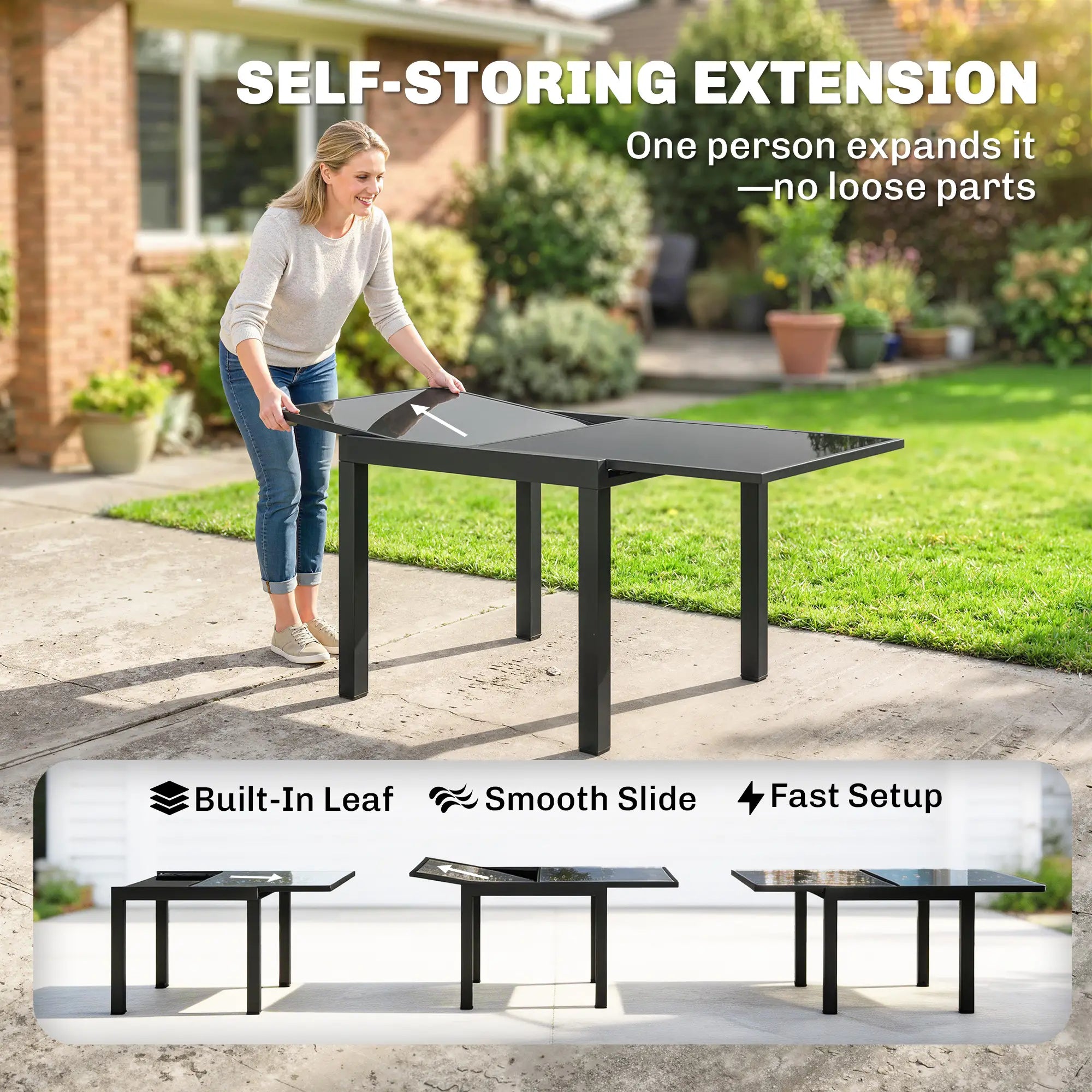 Aluminum Expandable Dining Table, Tempered Glass Tabletop, Black Patio Dining Tables at Gallery Canada