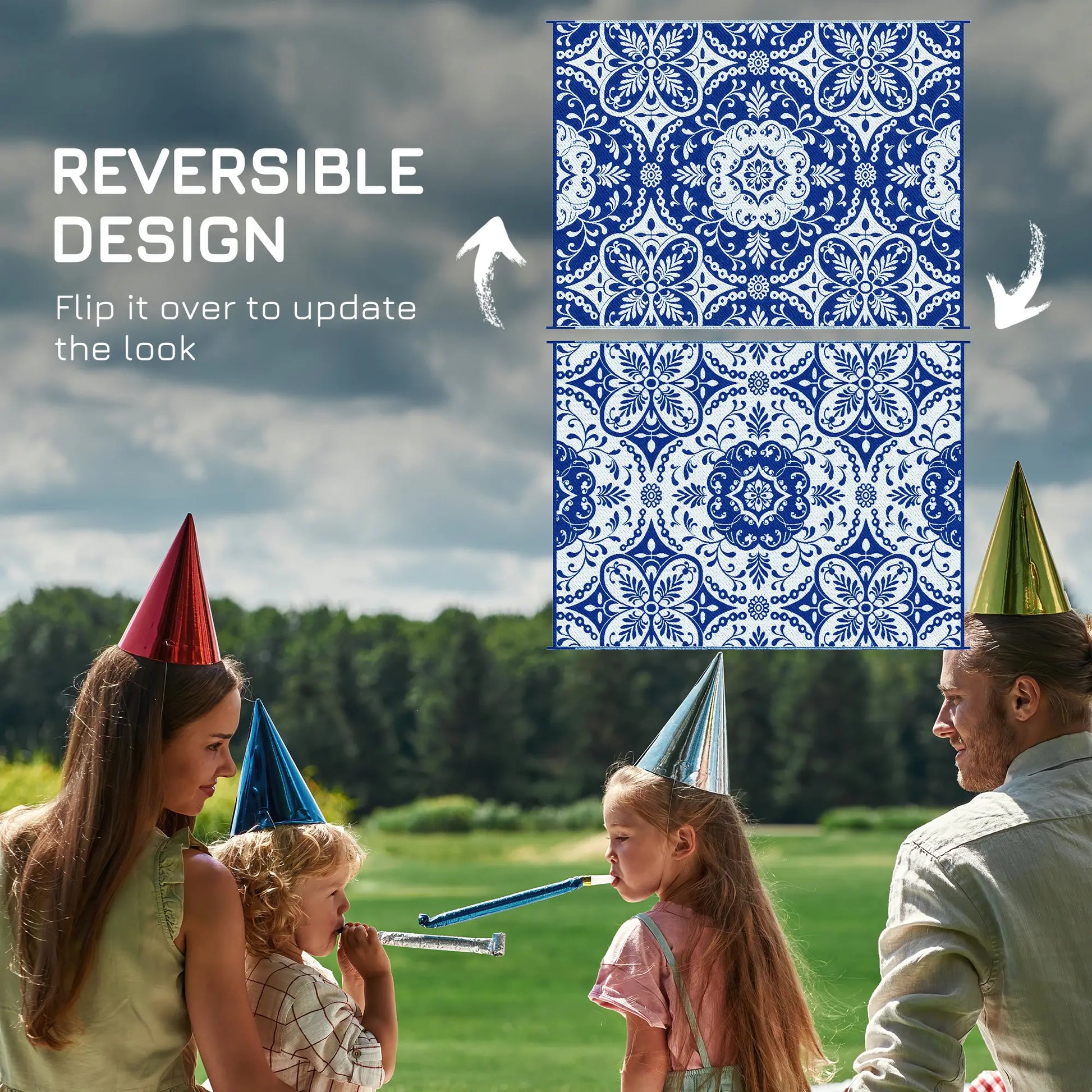 Portable Outdoor Rug, 9' x 12', White Flower, Waterproof, Reversible, Blue Outdoor Reversible Rugs at Gallery Canada