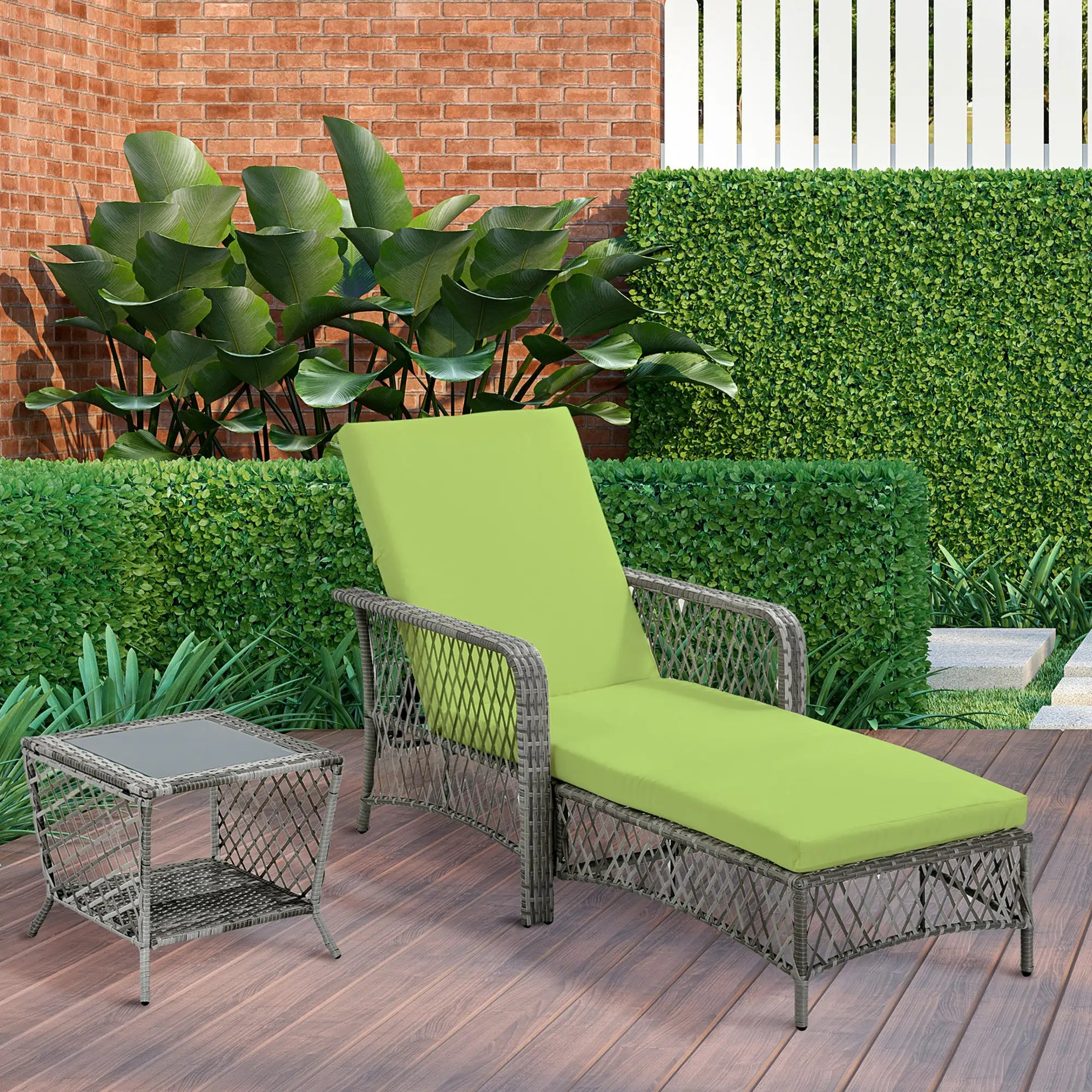 2-Piece Wicker Patio Lounge Set with Cushions, Reclining Chaise Chair, Glass Top Coffee Table, Green Chaise Loungers at Gallery Canada