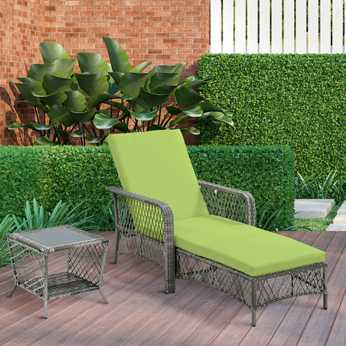 2-Piece Wicker Patio Lounge Set with Cushions, Reclining Chaise Chair, Glass Top Coffee Table, Green