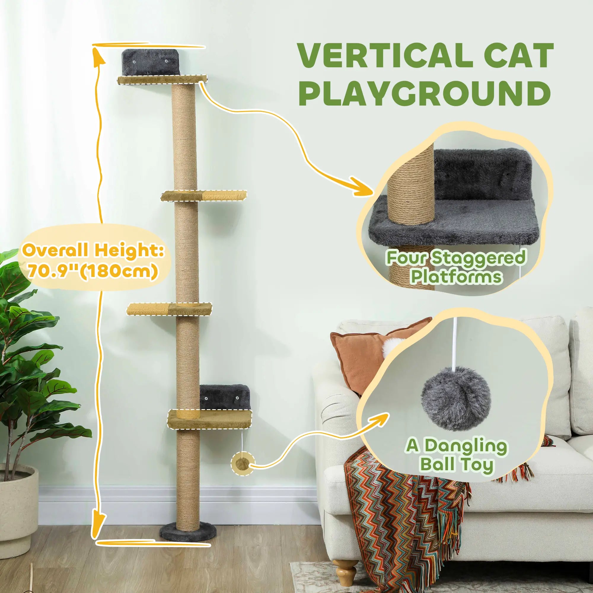 Cat Wall Shelves, 4 Platforms, Jute Scratching Post, Dark Grey Cat Climbing Wall at Gallery Canada