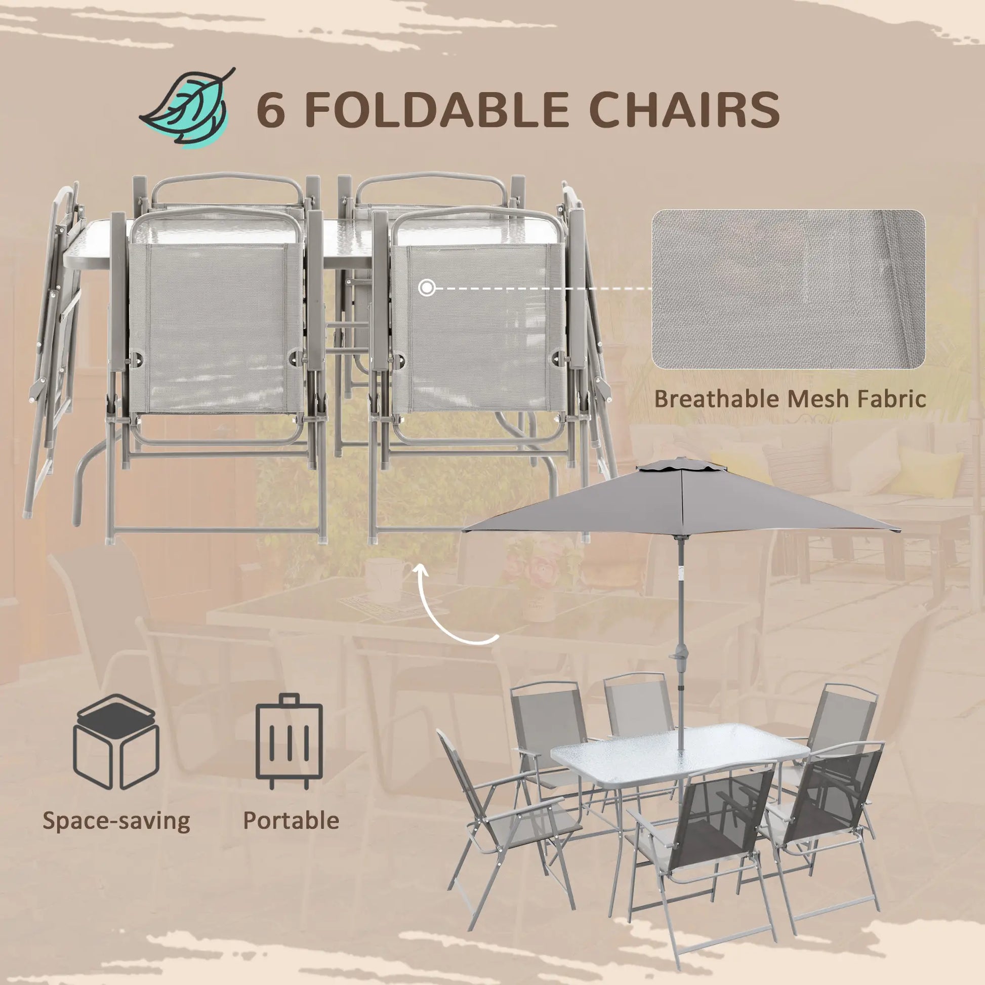 8 Piece Patio Dining Set, 6 Folding Chairs, Rectangle Table, Grey Outdoor Dining Sets at Gallery Canada