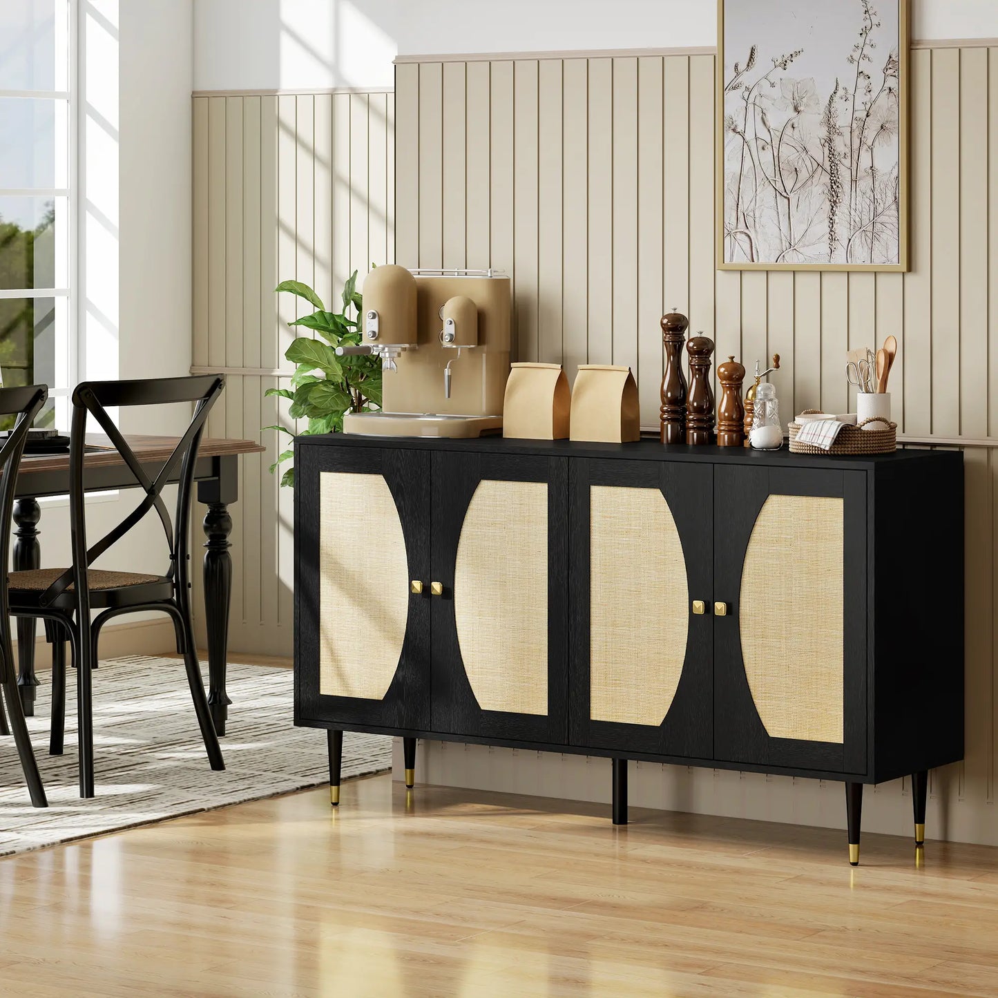 55" Sideboard Buffet Cabinet, Boho Storage With Adjustable Shelves, Black Storage Cabinets at Gallery Canada