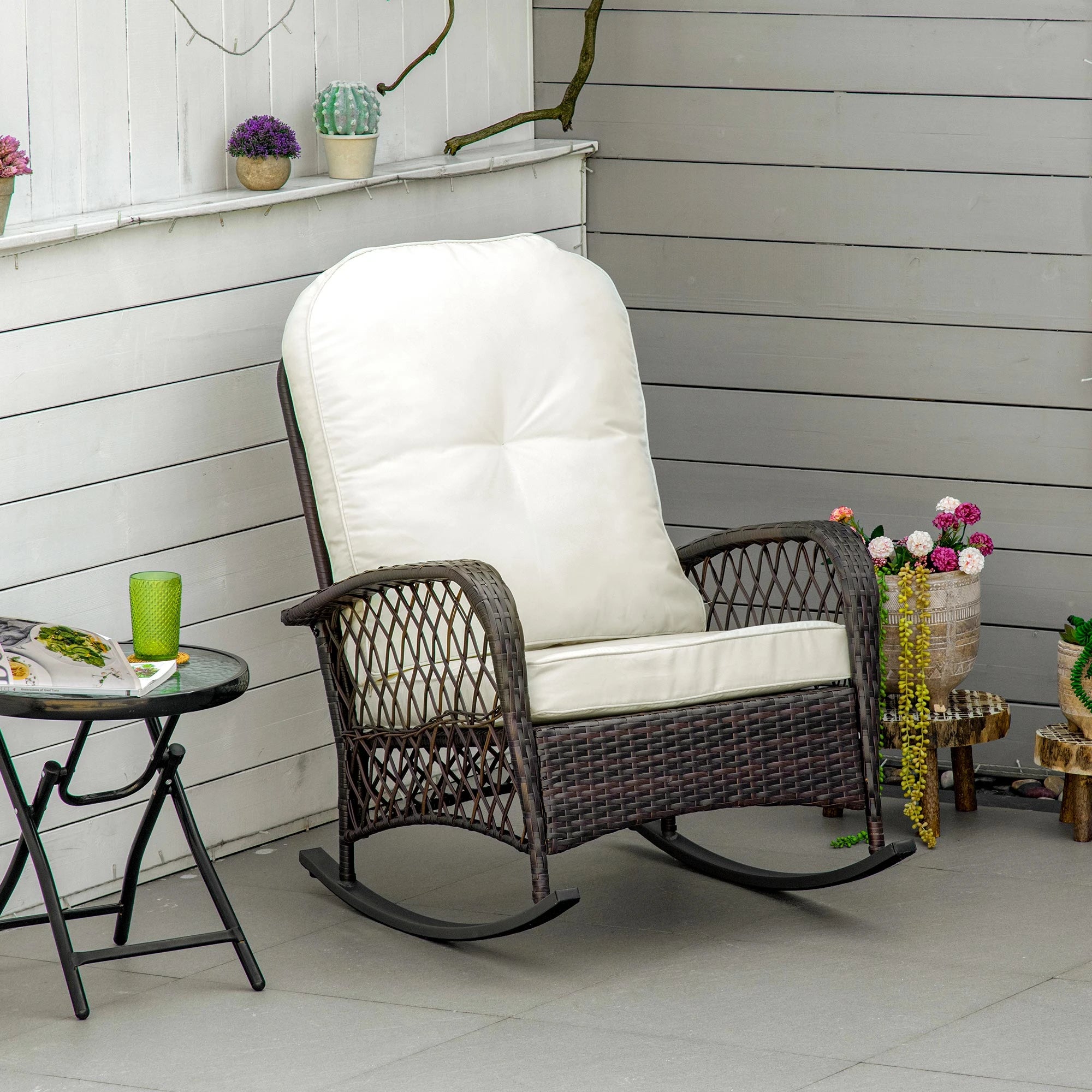 Rattan Rocking Chair, Outdoor Wicker Patio Furniture with Cushions, Cream White Outdoor Rocking Chairs at Gallery Canada