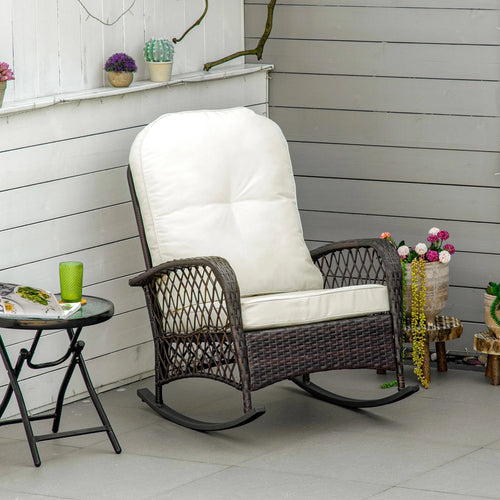 Rattan Rocking Chair, Outdoor Wicker Patio Furniture with Cushions, Cream White