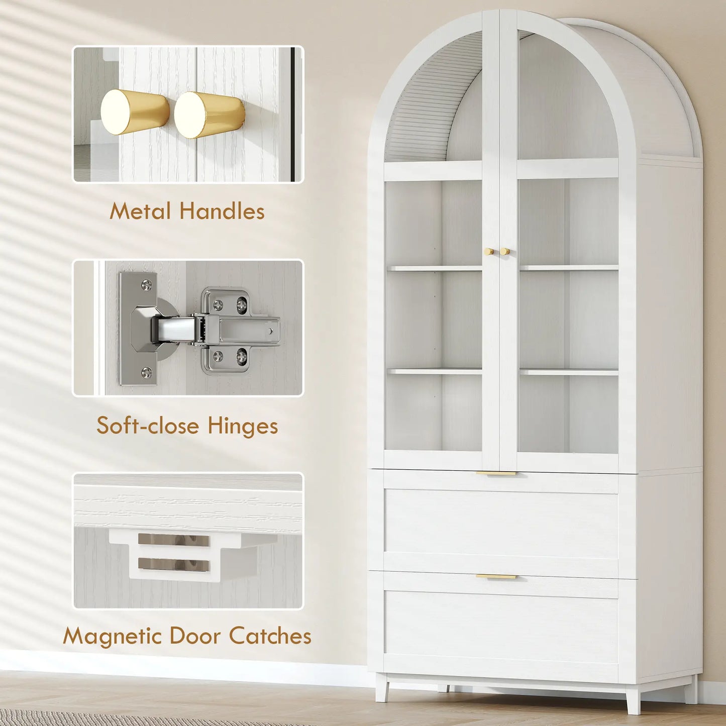 71" Tall White Arched Kitchen Pantry Cabinet, Shelves, 2 Drawers, Acrylic Doors, White Kitchen Pantry Cabinets at Gallery Canada