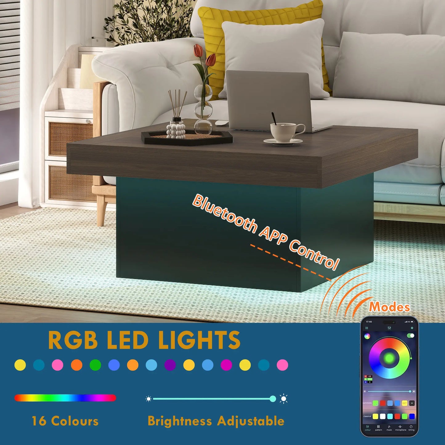 Square Coffee Table with LED Lights, 35-inch, Walnut Coffee Tables at Gallery Canada