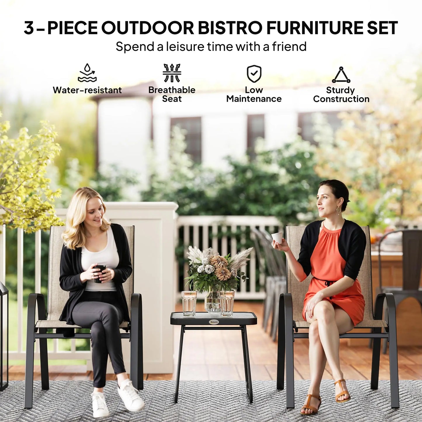 Outdoor Bistro Set, 3-Piece Patio Set, Breathable Mesh, Stackable Chairs, Square Table, Brown Bistro Sets at Gallery Canada