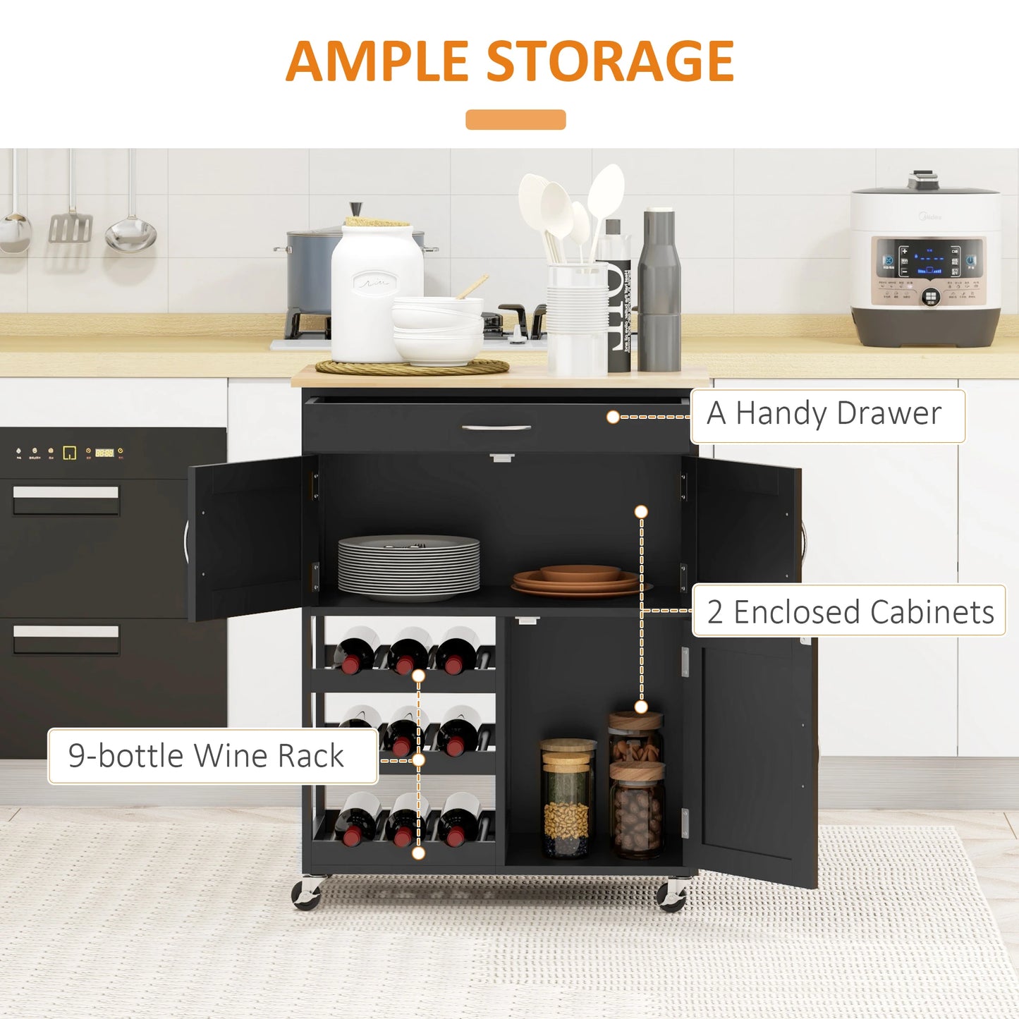 Rolling Kitchen Cart, Island with Storage Drawer, 9-Bottle Wine Rack, Black Kitchen Islands & Kitchen Carts at Gallery Canada