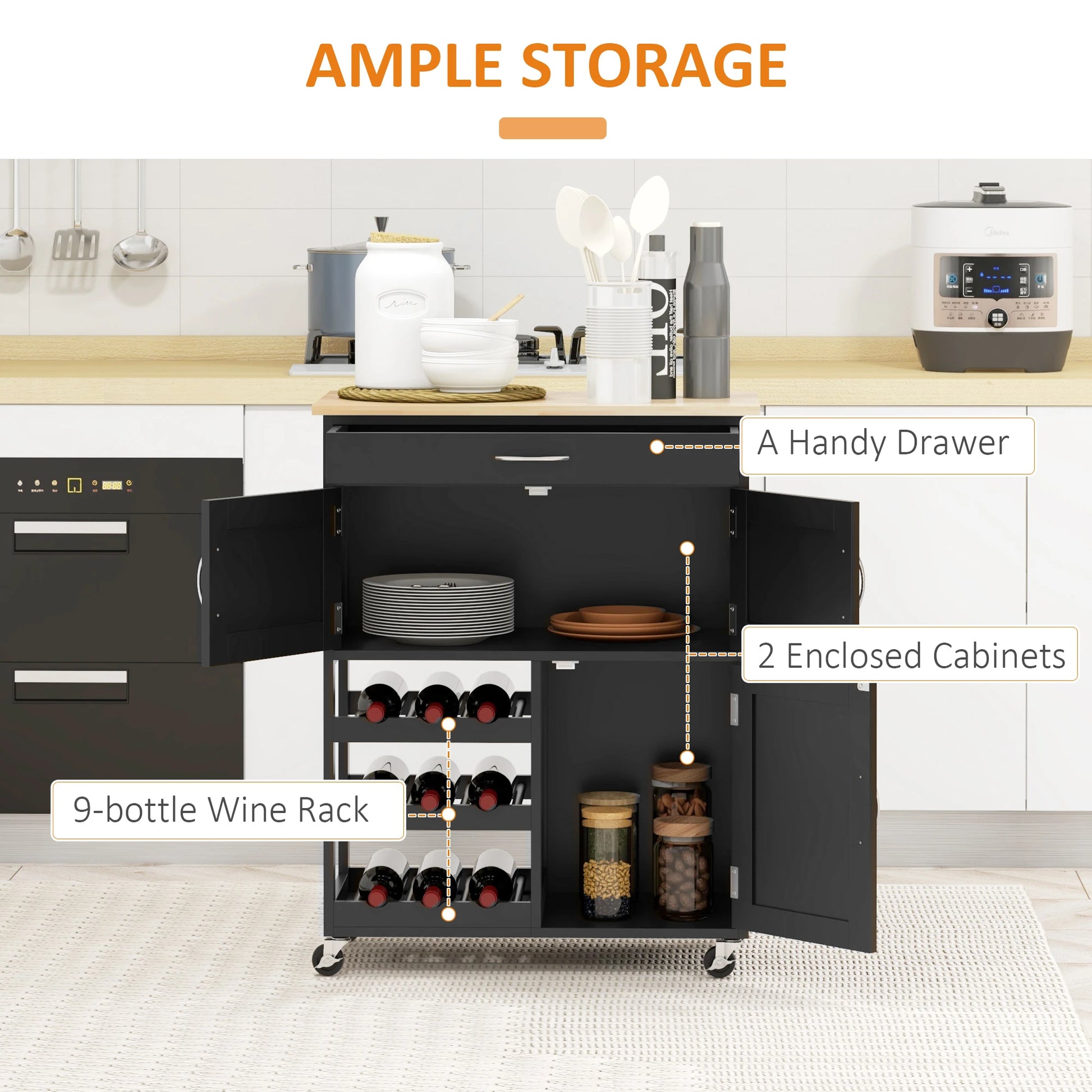 Rolling Kitchen Cart, Island with Storage Drawer, 9-Bottle Wine Rack, Black Kitchen Islands & Kitchen Carts at Gallery Canada
