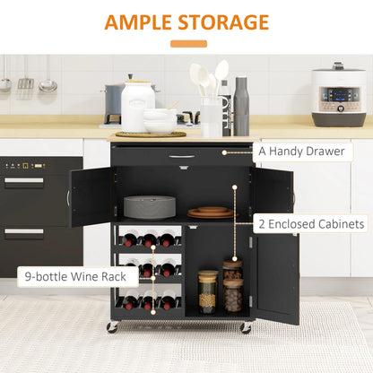 Rolling Kitchen Cart, Island with Storage Drawer, 9-Bottle Wine Rack, Black Kitchen Islands & Kitchen Carts at Gallery Canada