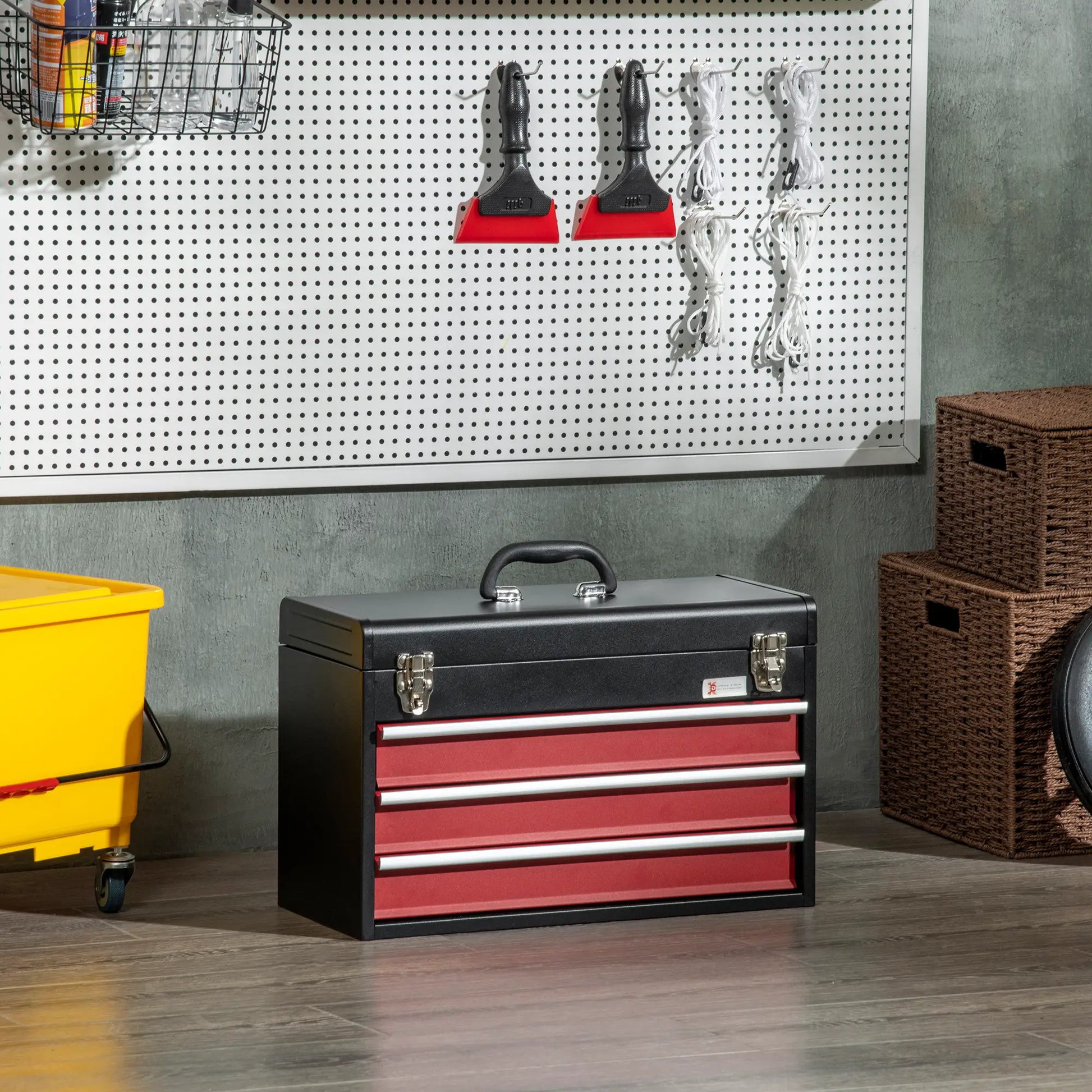 20" Portable Metal Tool Box, 3 Drawer Lockable Chest, Red Tool Organizers at Gallery Canada
