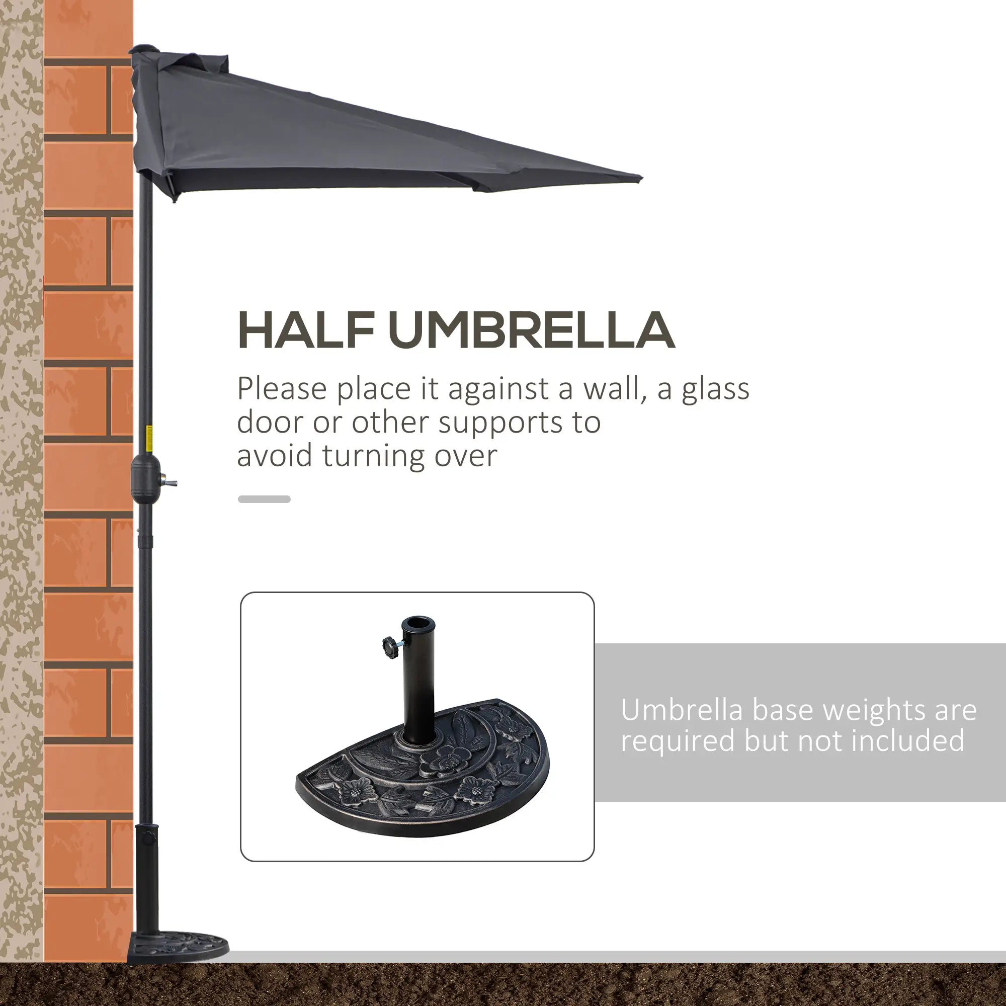 9.8ft Half Umbrella, Semi Round Patio Parasol, Crank Handle, Top Vent, Grey Sun Umbrellas at Gallery Canada