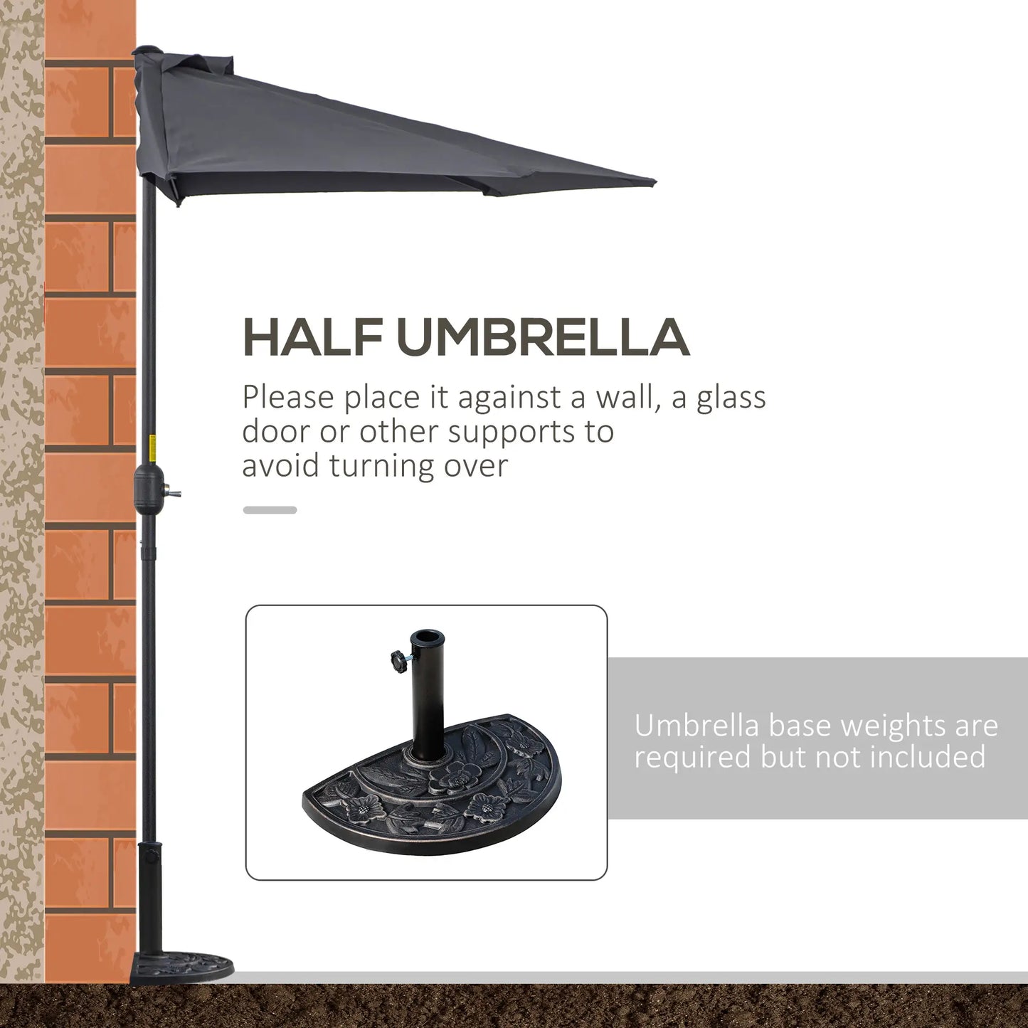 9.8ft Half Umbrella, Semi Round Patio Parasol, Crank Handle, Top Vent, Grey Sun Umbrellas at Gallery Canada