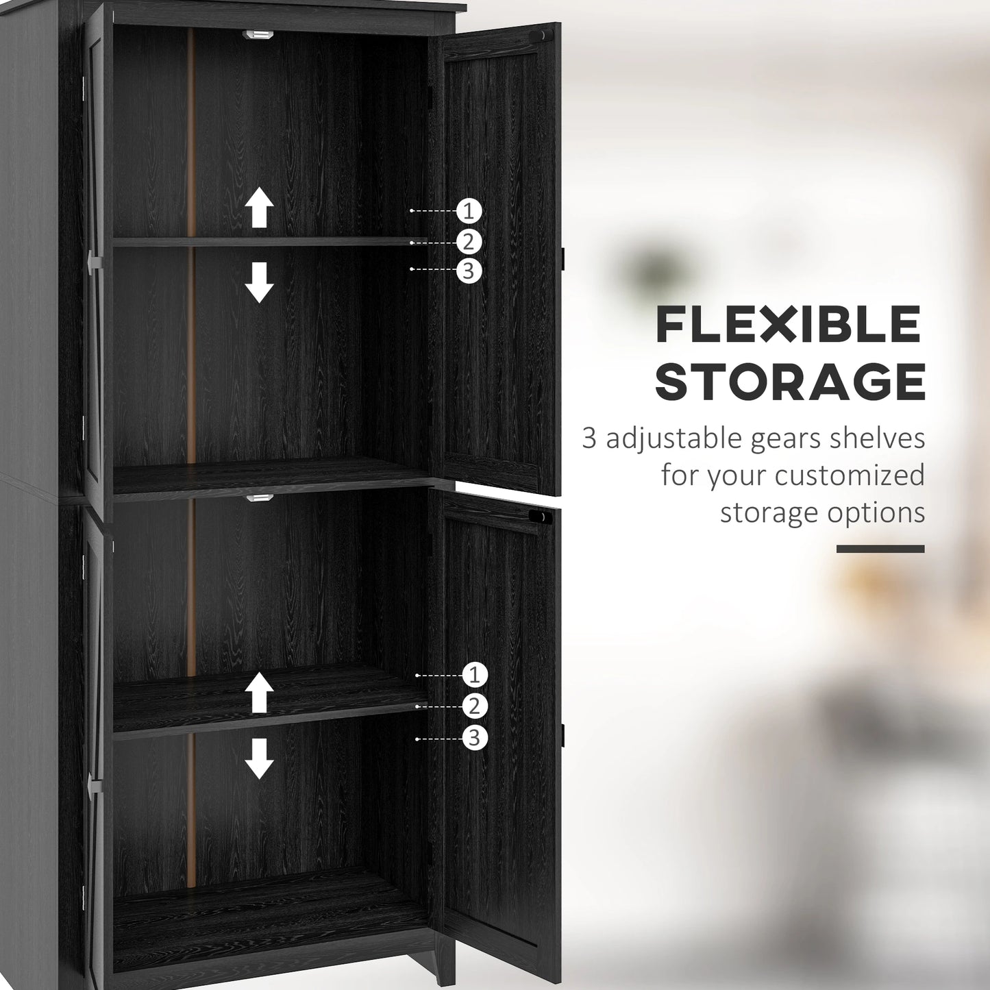 72" Freestanding Storage Cabinet, Kitchen Pantry with Doors, Shelves, Black Kitchen Pantry Cabinets at Gallery Canada