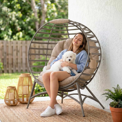 Egg Chair, Patio Lounge Chair, Foldable Basket Chair with Large Seat Cushion, Side Pocket, Sand Patio Chairs at Gallery Canada