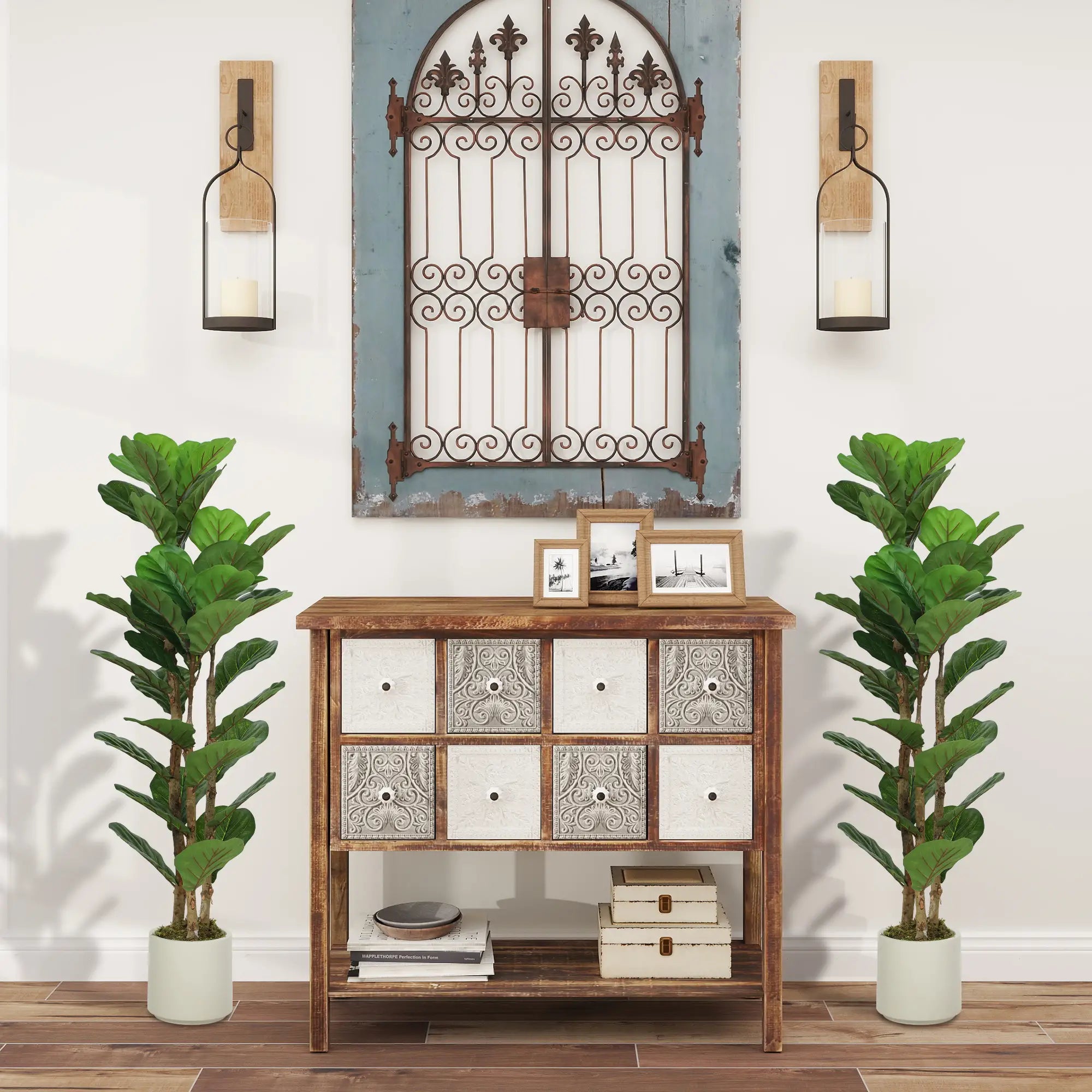 4FT Artificial Fiddle Leaf Fig Tree Set Of 2, Fake Potted Tree With Solid Wood Trunks, Green Artificial Trees at Gallery Canada