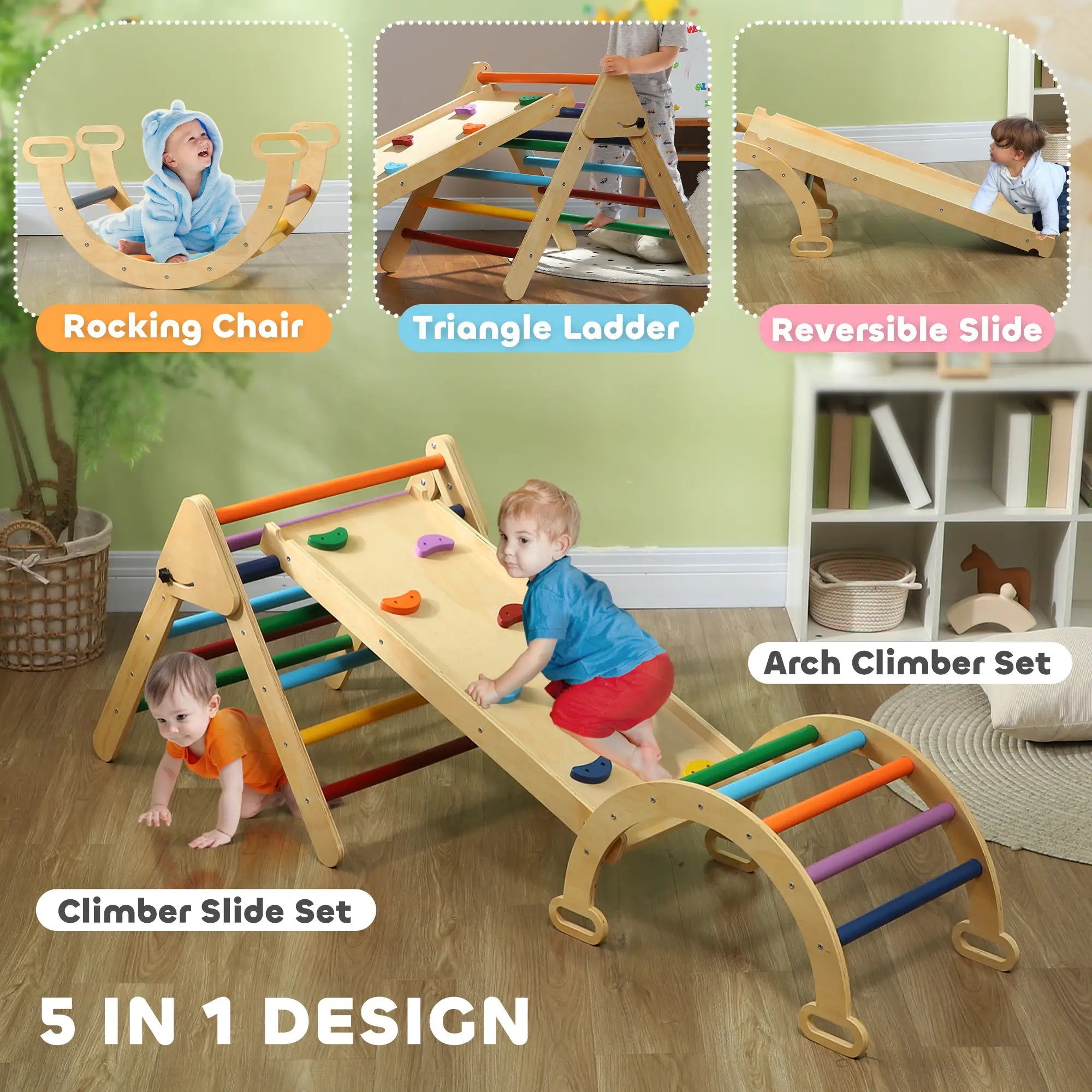 5 in 1 Pikler Triangle Set, Ladder, Ramp, Arch, 18-48 Months, Multicolour Baby Gym & Playmats at Gallery Canada