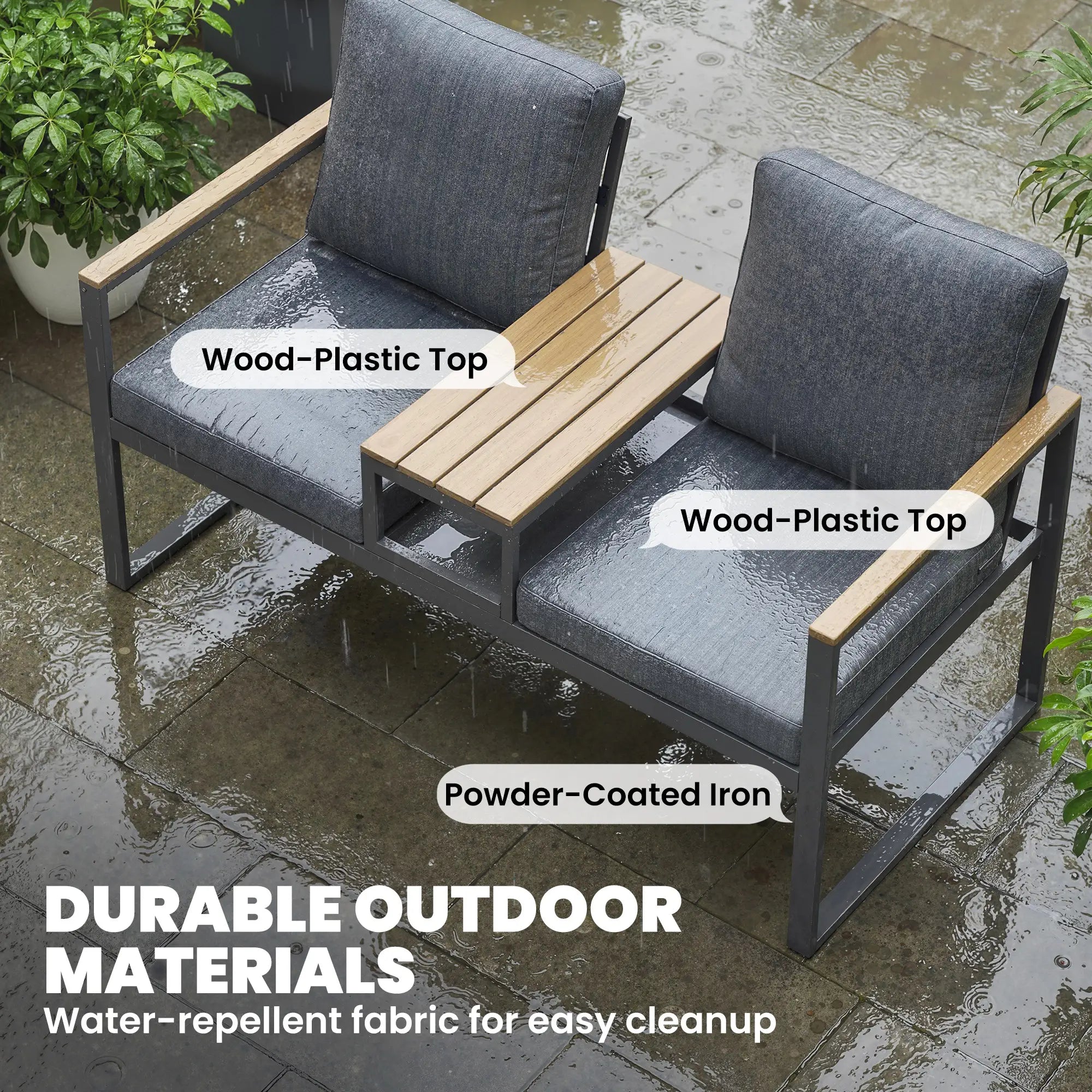 Outdoor Garden Bench With Integrated Table, 2 Seater Patio Loveseat, 136 cm, Grey Outdoor Benches at Gallery Canada
