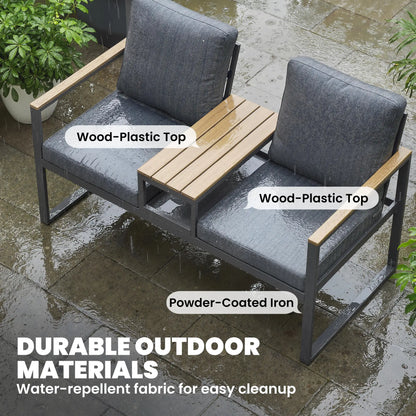 Outdoor Garden Bench With Integrated Table, 2 Seater Patio Loveseat, 136 cm, Grey Outdoor Benches at Gallery Canada