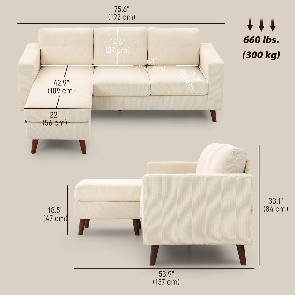 Sectional Sofa with Changeable Chaise, 3 Seat L-Shaped, Cream White 3-Seater Sofas at Gallery Canada