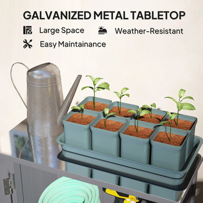 Outdoor Wooden Storage Cabinet, 2-Tier Shelves, Metal Tabletop, Grey Sheds at Gallery Canada