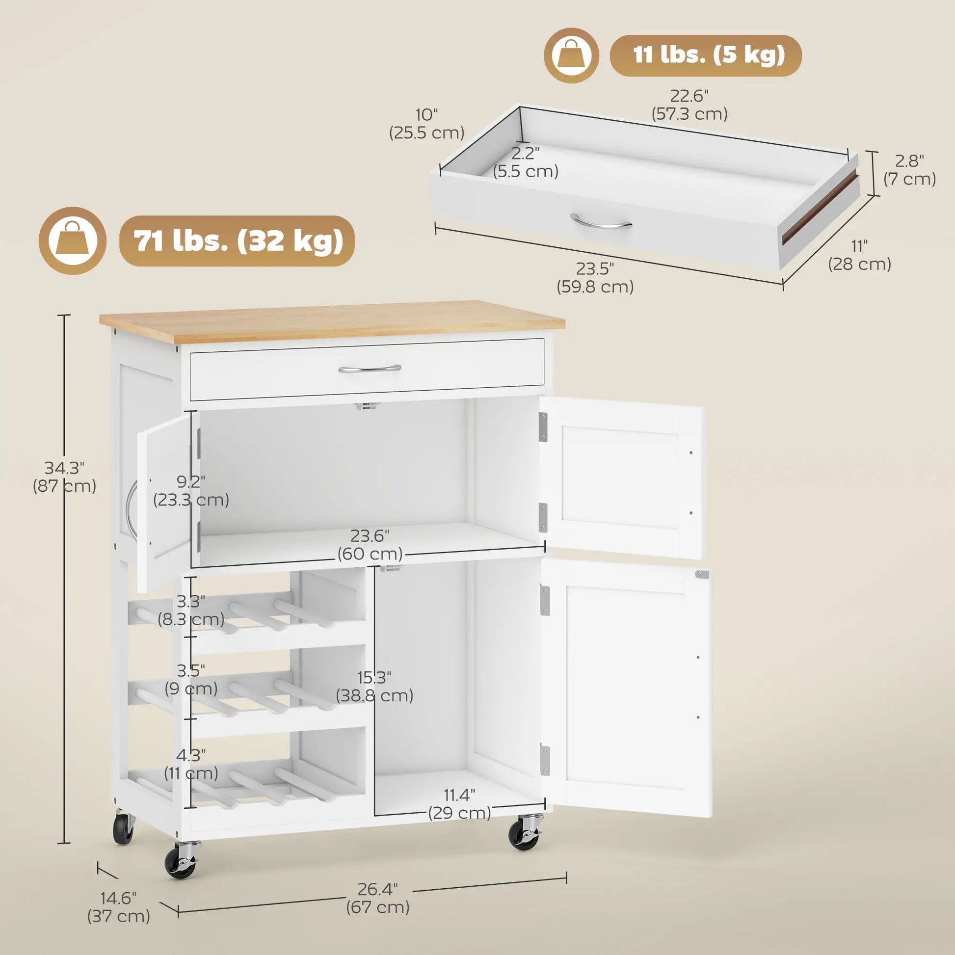 Rolling Kitchen Cart, Island with Storage Drawer, 9-Bottle Wine Rack, White Kitchen Islands & Kitchen Carts at Gallery Canada