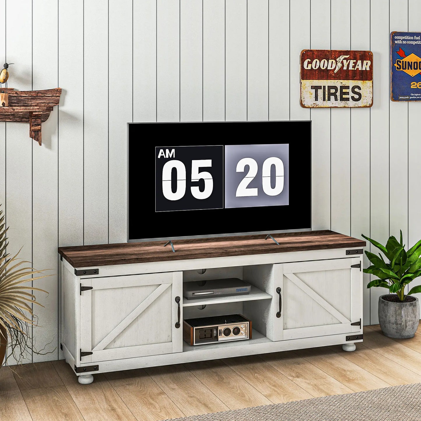 Farmhouse TV Stand for 65" TV, Barn Doors, Distressed White, White TV Stands at Gallery Canada