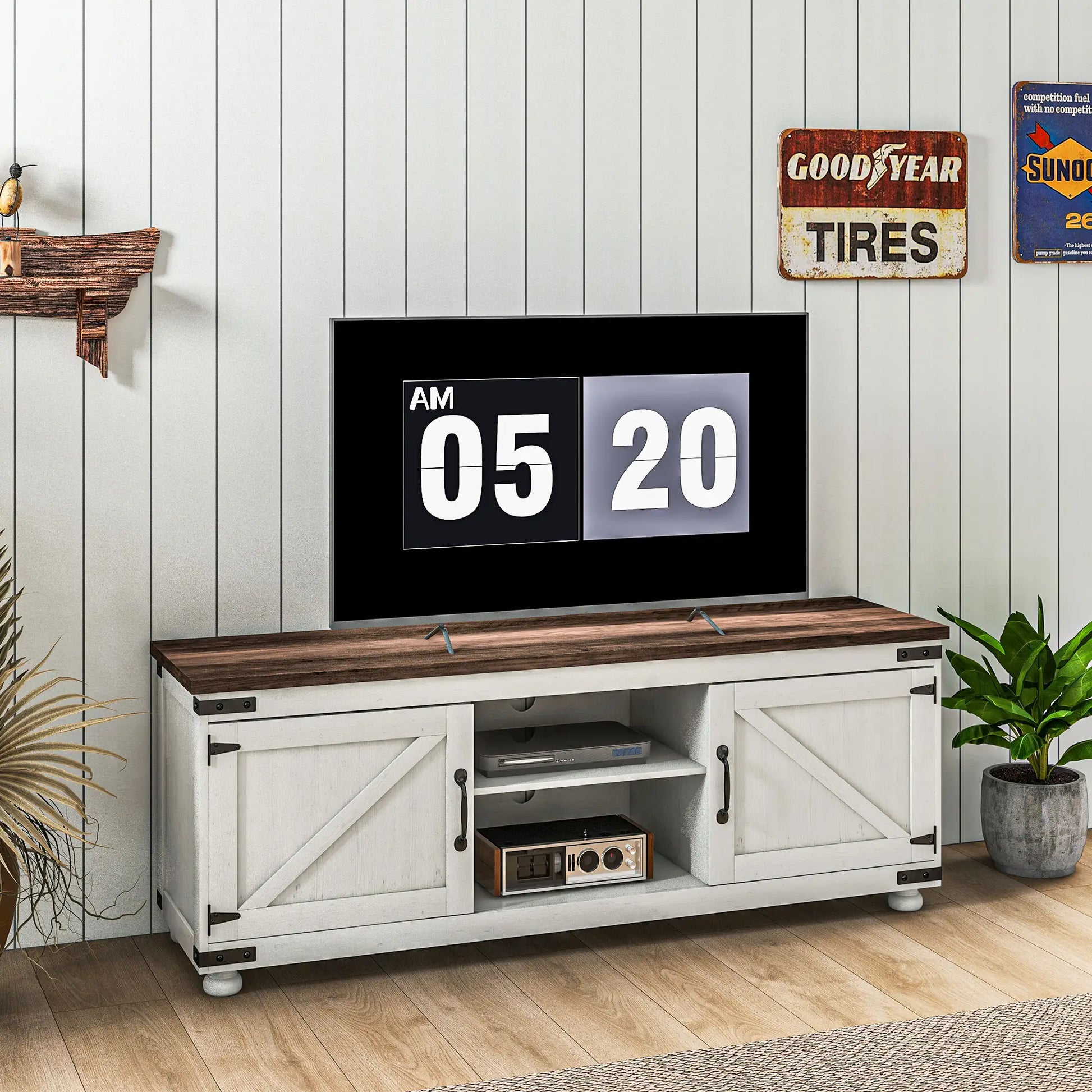 Farmhouse TV Stand for 65" TV, Barn Doors, Distressed White, White TV Stands at Gallery Canada
