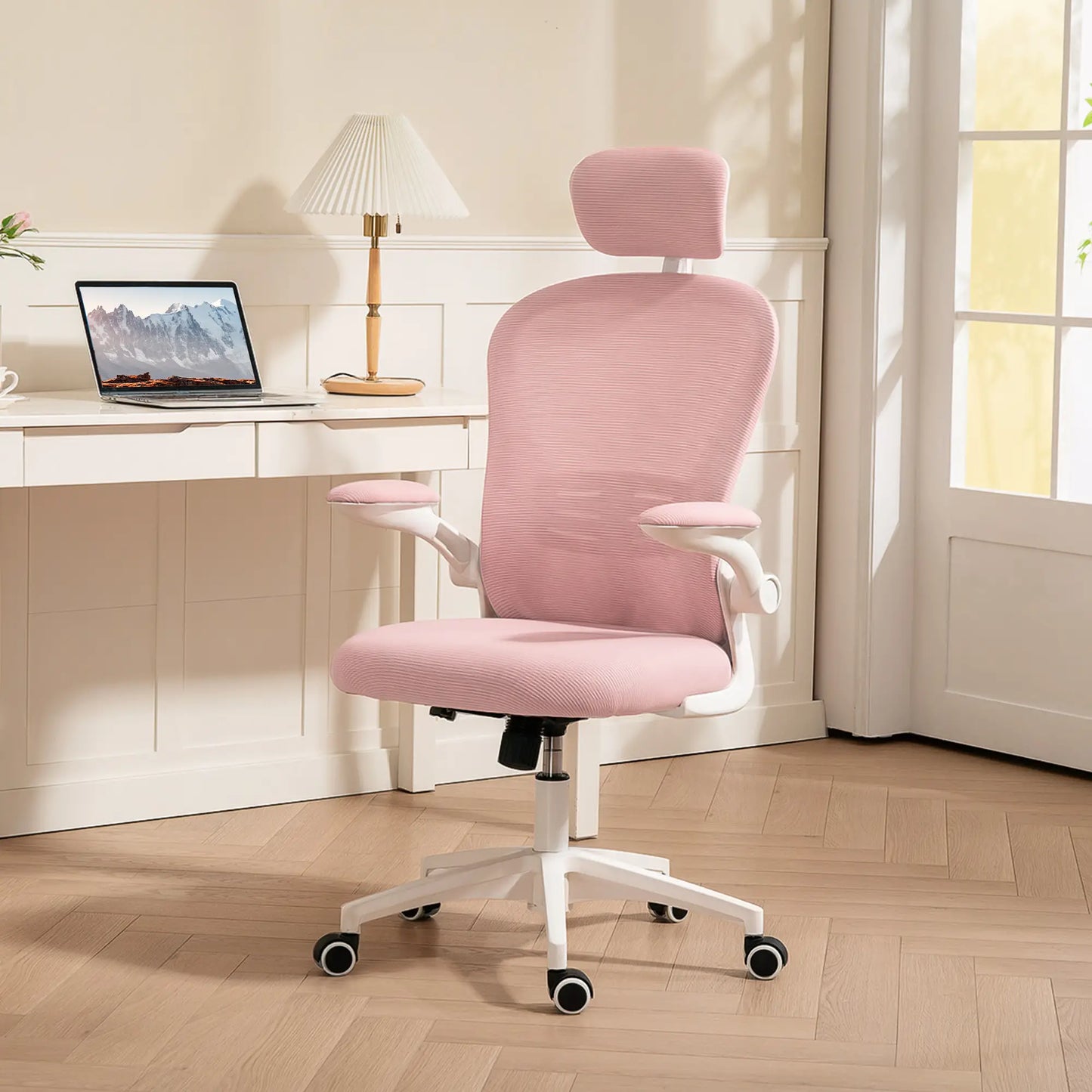 Mesh Office Chair, Adjustable Headrest, 4D Lumbar Support, Flip-Up Arm, Pink Office Chairs at Gallery Canada