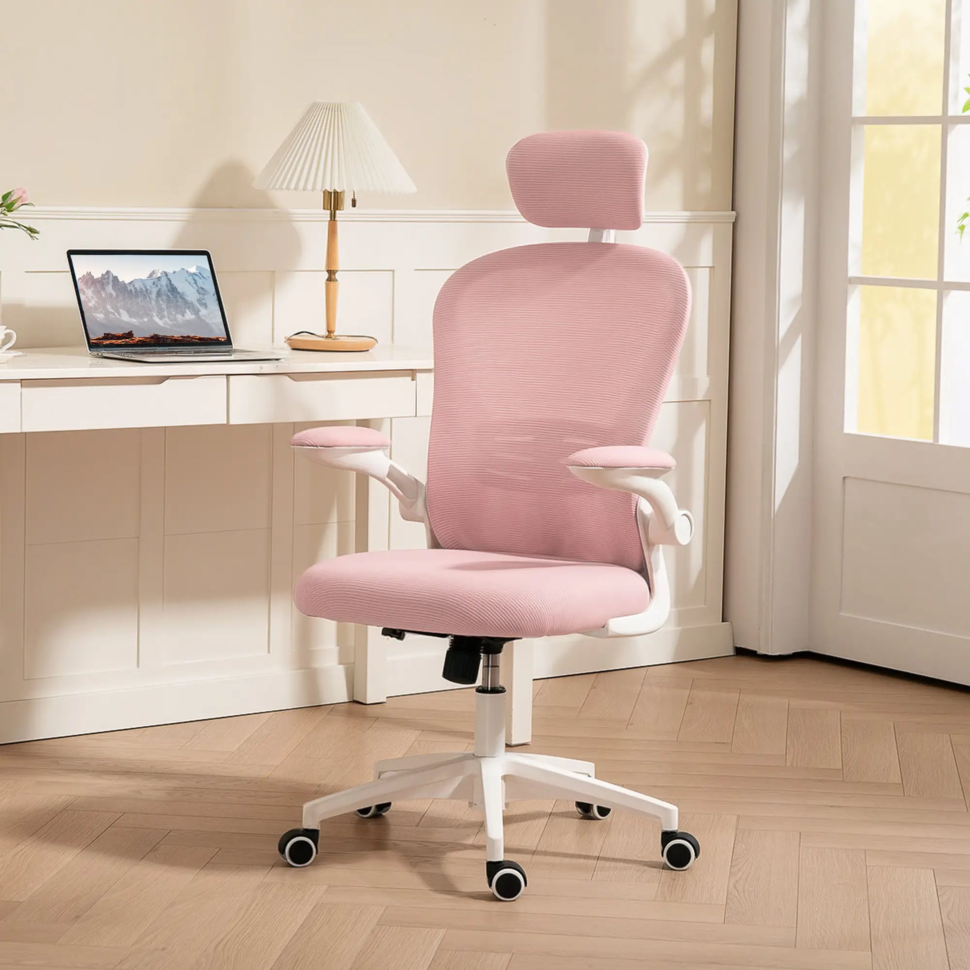 Mesh Office Chair, Adjustable Headrest, 4D Lumbar Support, Flip-Up Arm, Pink Office Chairs at Gallery Canada