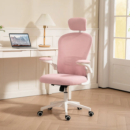 Mesh Office Chair, Adjustable Headrest, 4D Lumbar Support, Flip-Up Arm, Pink Office Chairs at Gallery Canada