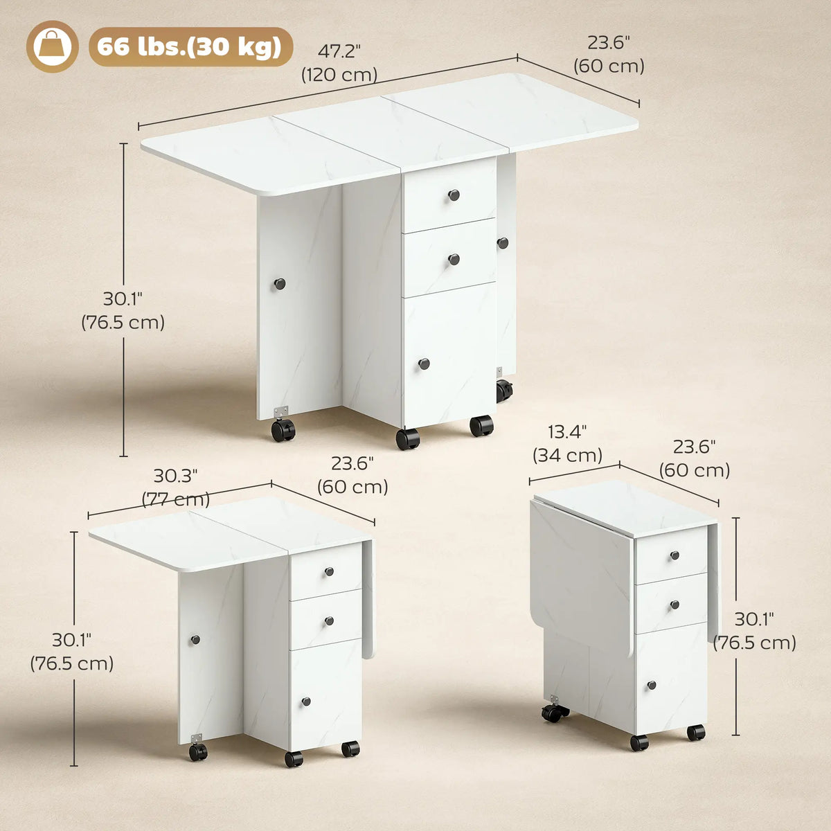 Drop Leaf Dining Table, Mobile Folding Table With Drawers, Marble White, White Dining Tables at Gallery Canada