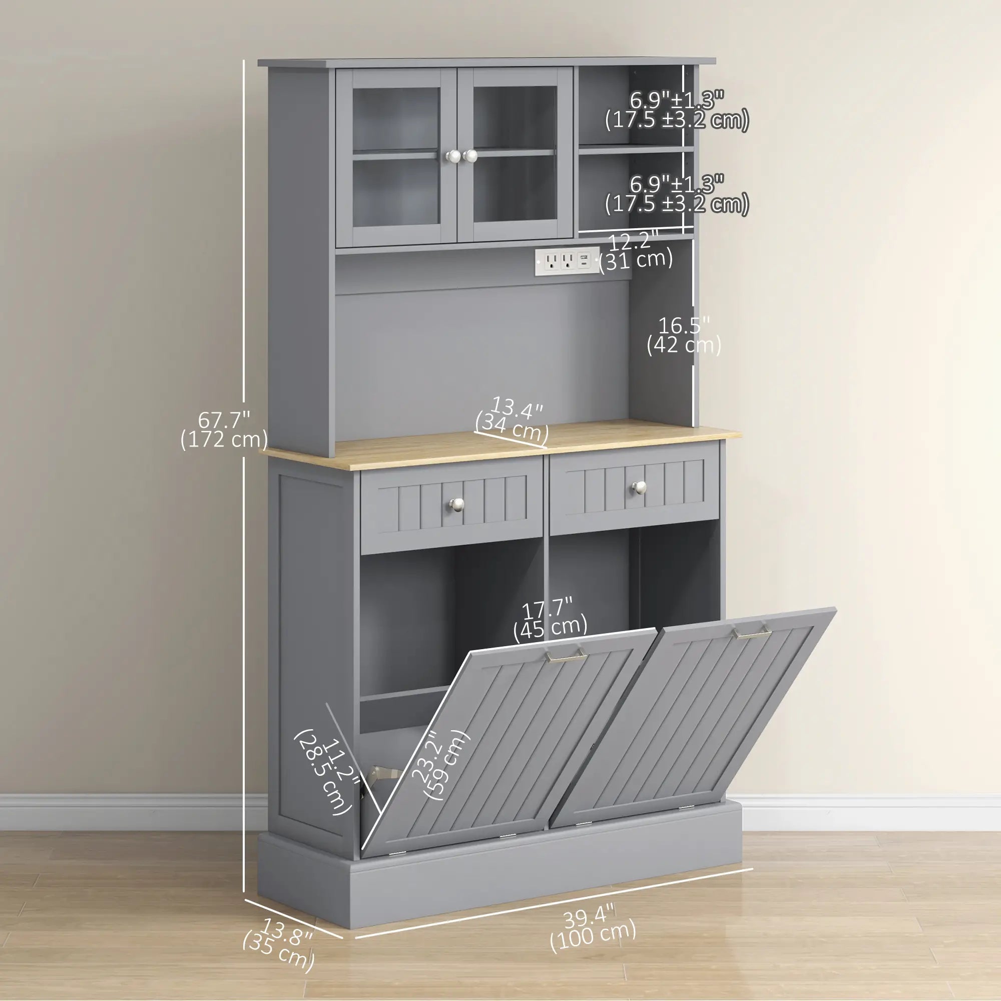 Kitchen Cabinet with Charging Station, 2 Tilt Out Cabinets, Microwave Stand, Grey Kitchen Pantry Cabinets at Gallery Canada