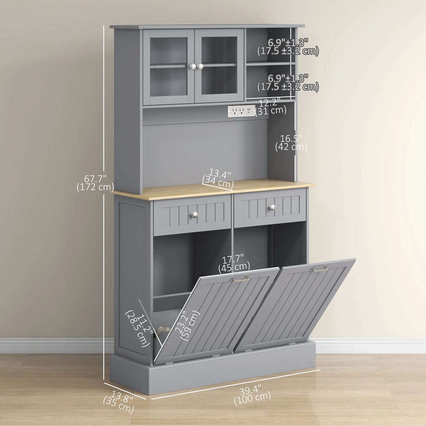Kitchen Cabinet with Charging Station, 2 Tilt Out Cabinets, Microwave Stand, Grey Kitchen Pantry Cabinets at Gallery Canada