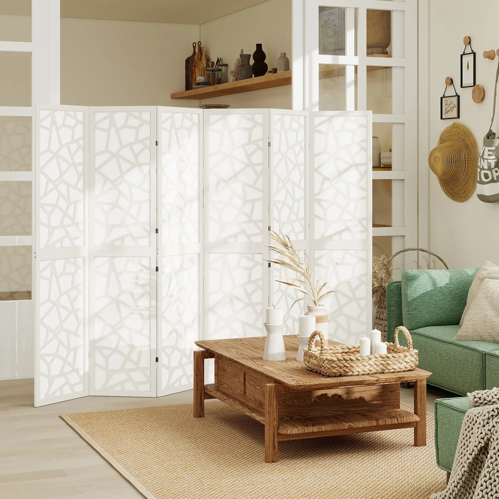 6 Panel Room Divider, 5.6 FT, Geometric Pattern Privacy Screen, White Room Dividers at Gallery Canada