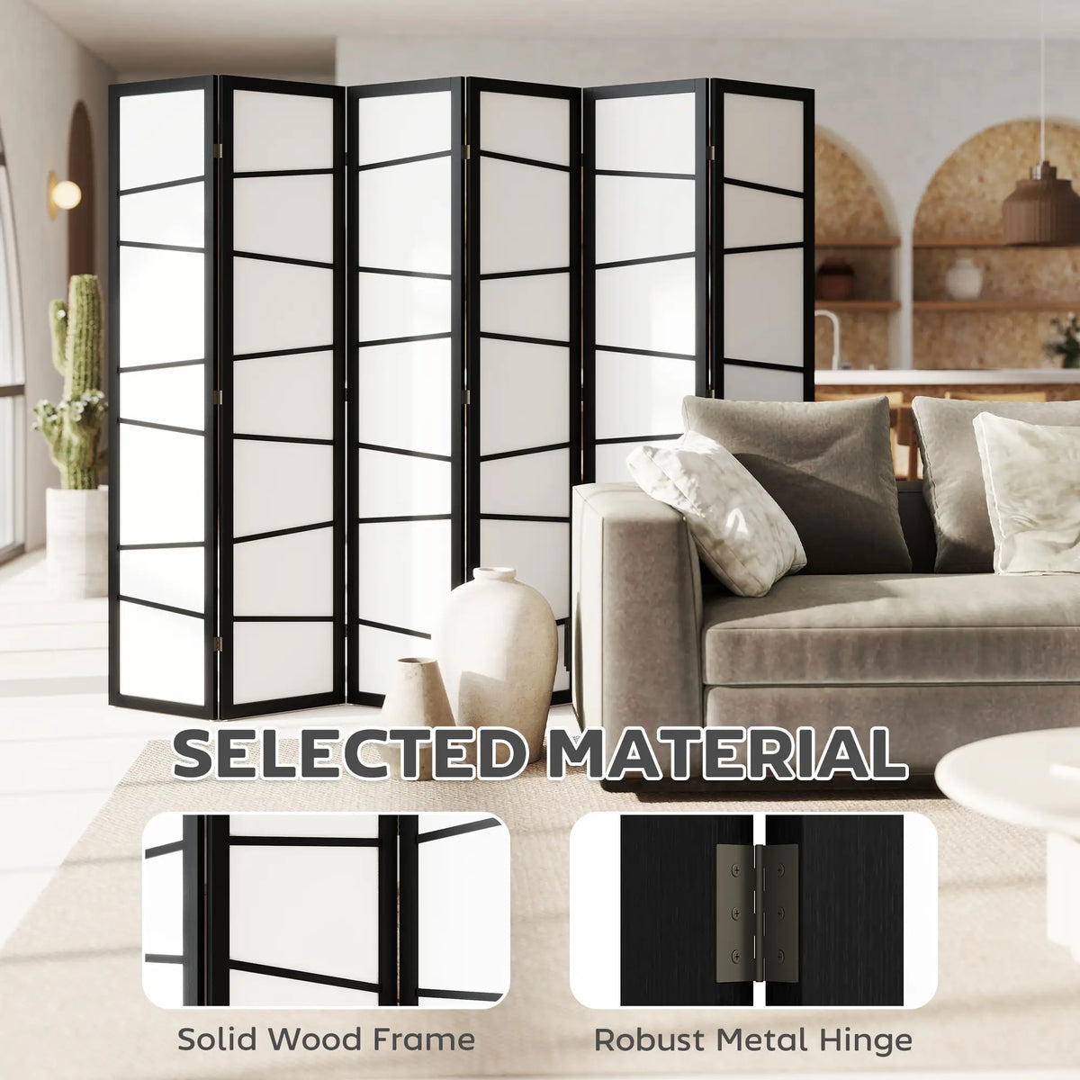 66.9" Folding Room Divider, 6 Panel Wood Frame Partition, White Room Dividers at Gallery Canada