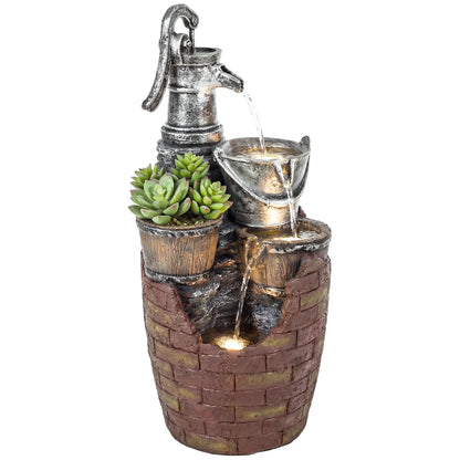 4-Tier Outdoor Fountain With Planter, Cascading Waterfall, LED Lights, Rustic Brown And Grey Water Fountains at Gallery Canada